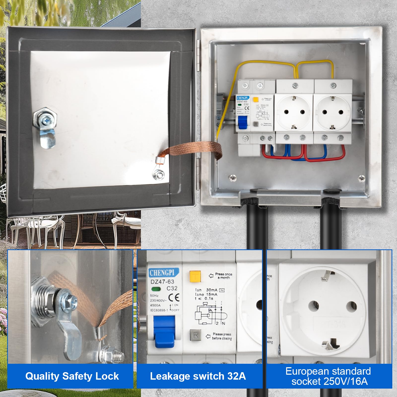 Caja Electrica Exterior Acero Inoxidable 304 con 1 * 2P interruptor de fugas 32A y 2 * Europea Socket 250V/16A, Caja Estanca Exterior Electrica Mural con Cerradura