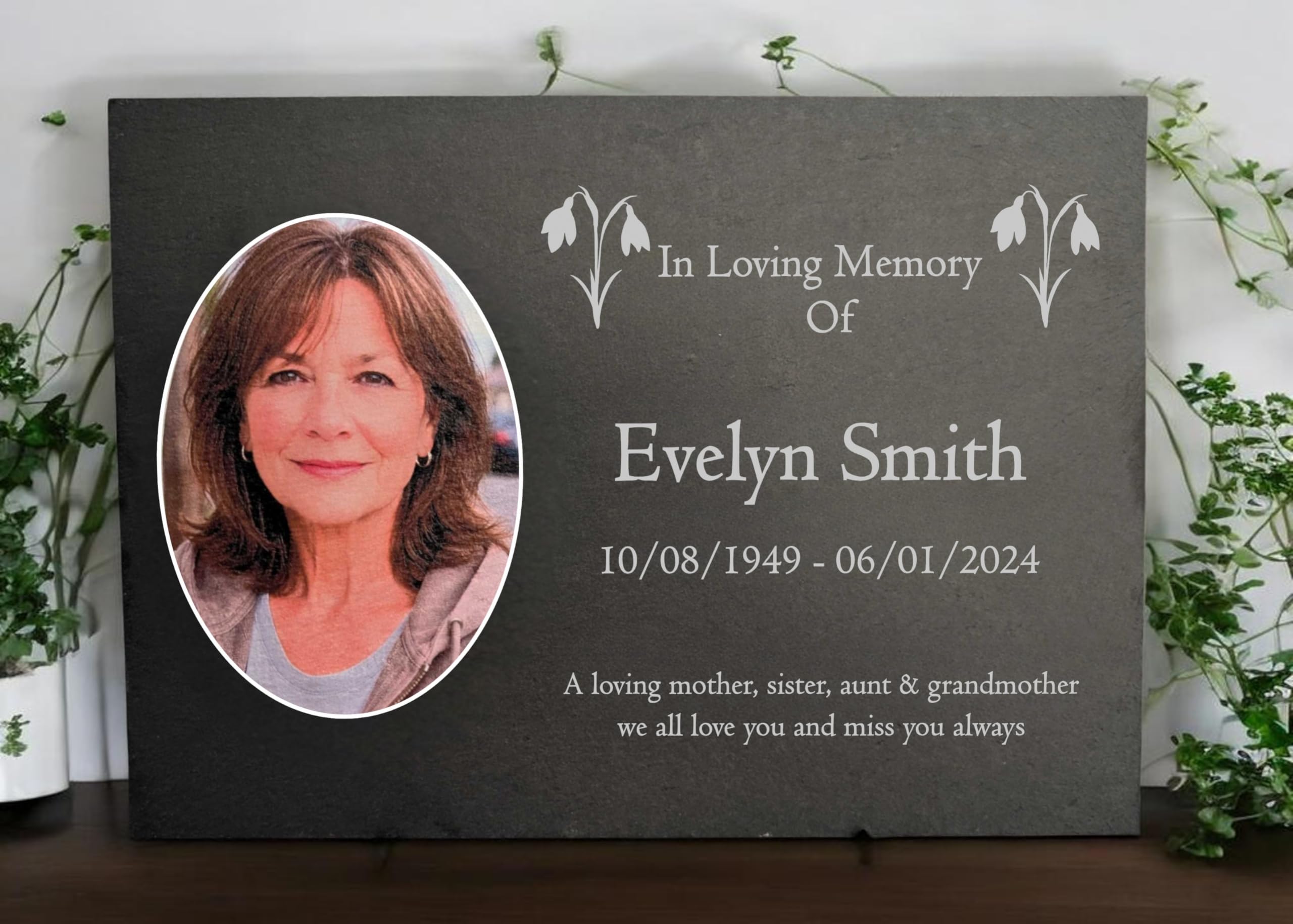 Photo Slate Memorial Plaque, Snowdrop, Add a Portrait & Personalised Text | 35×25cm (14×10”)
