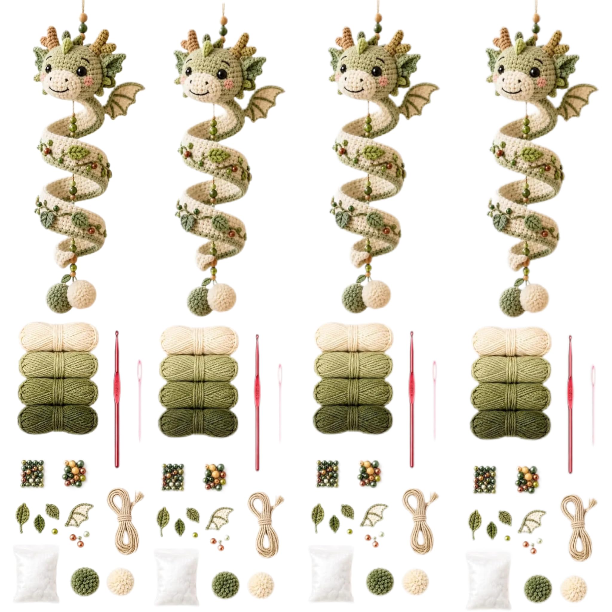 Pasisuu DIY Dragon Crochet Kit, Spiral Hanging Ornament Craft (green4pcs)