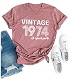 Retro 50th Birthday Gift Womens T Shirts Vintage 1974 Original Parts Tshirt Birthday Party Short Sleeve V Neck Tee Tops