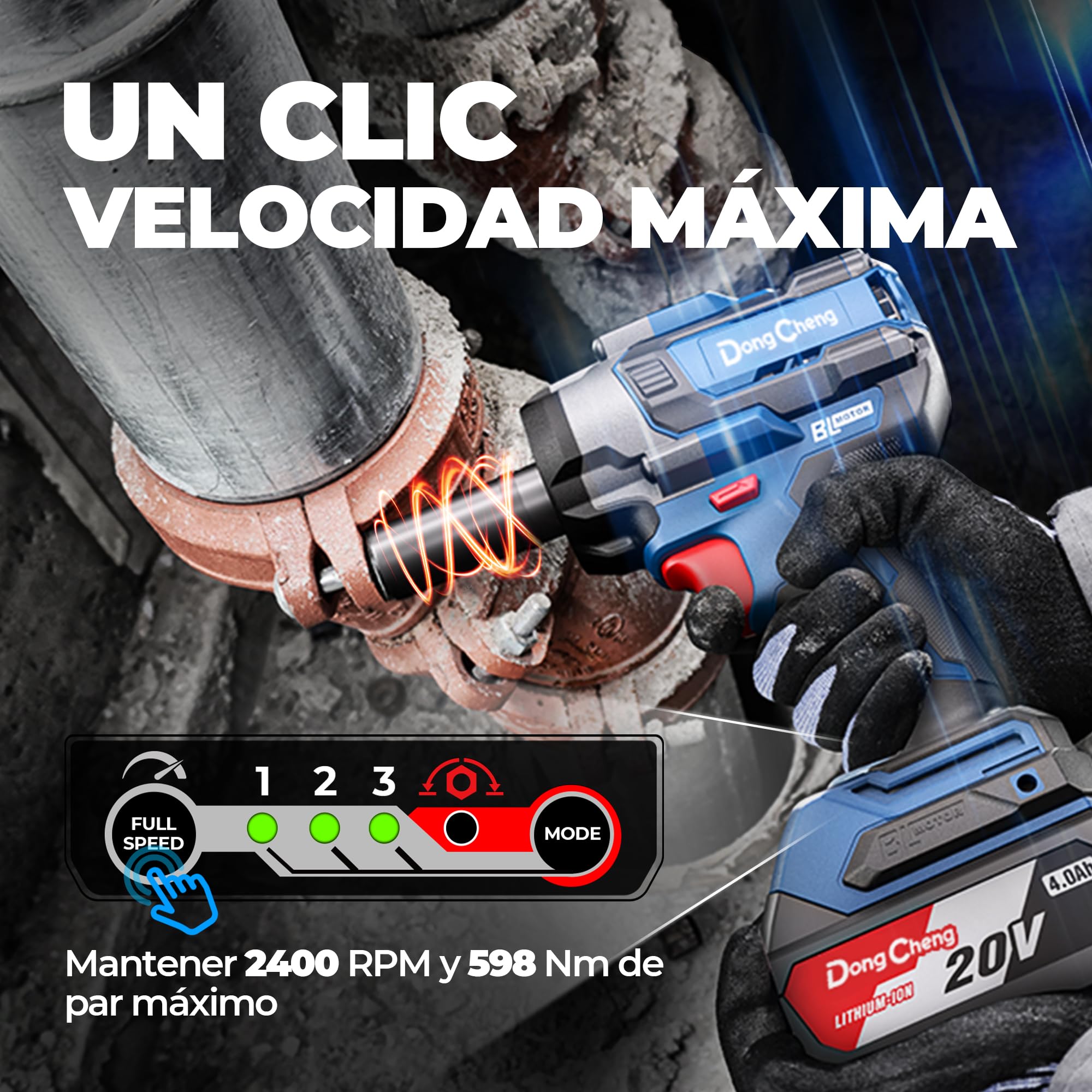 DongCheng Llave de Impacto Inalámbrica 20V 4.0Ah Batería 800 Nm de Par Llave de Tuercas Eléctrica 2400 rpm 4 Velocidades con Dados 17-24mm y Luz LED para Cambiar Ruedas Mecánica Coche Taller Obra