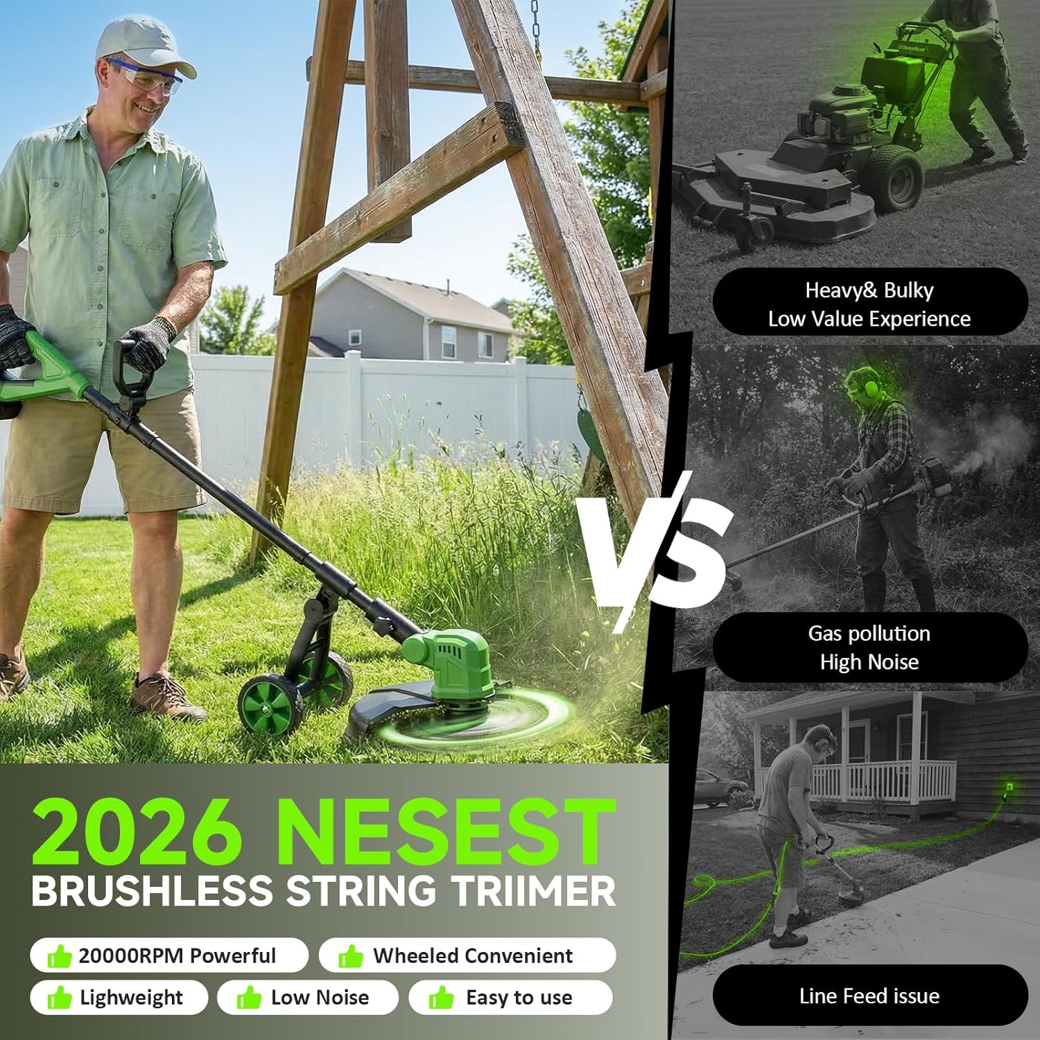 6000mAh Electric Cordless String Trimmer Battery Powered Weed Eater, 20000RPM 3 in 1 Cordless Weed Wacker Edger Grass Trimmer, Battery Wheeled Weed Trimmer with 8 Replacement Spools for Garden, Lawn