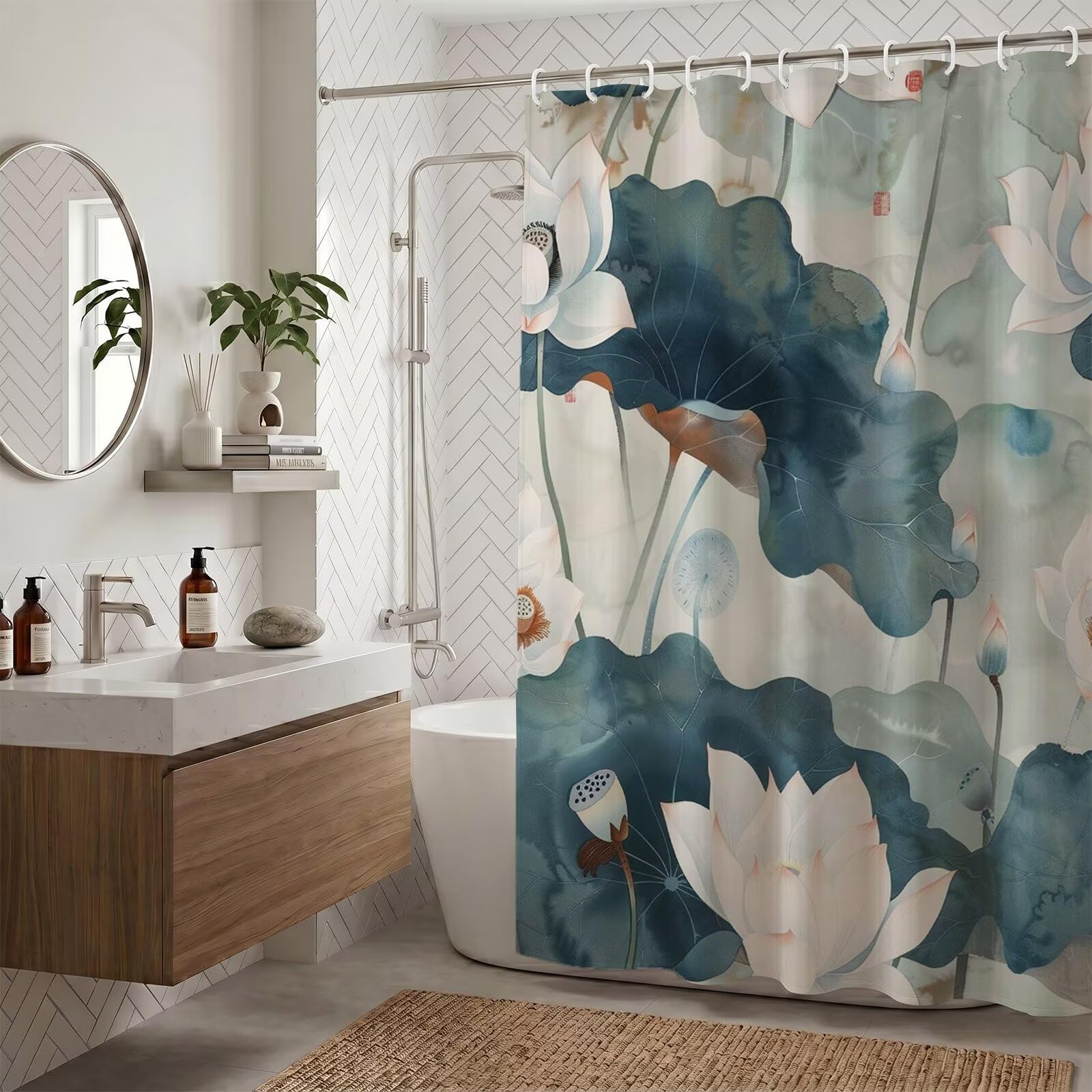 Rideau de douche lotus imperméable pour éviter les éclaboussures au sol 150x170cm