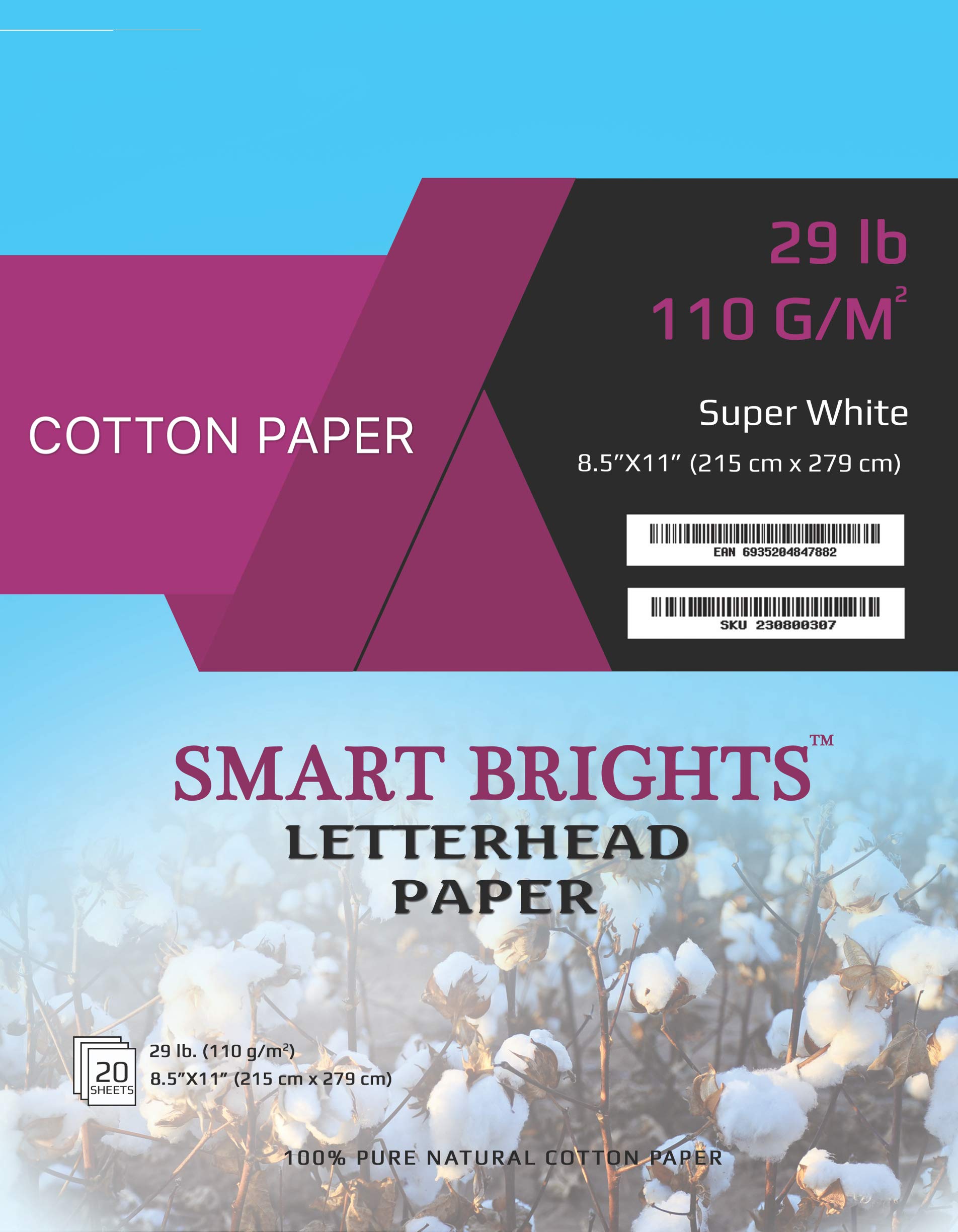 Letterhead Paper, 100% Cotton, 8.5" L x 11" W, 29 lb./110 GSM, Super White, 20 Sheet