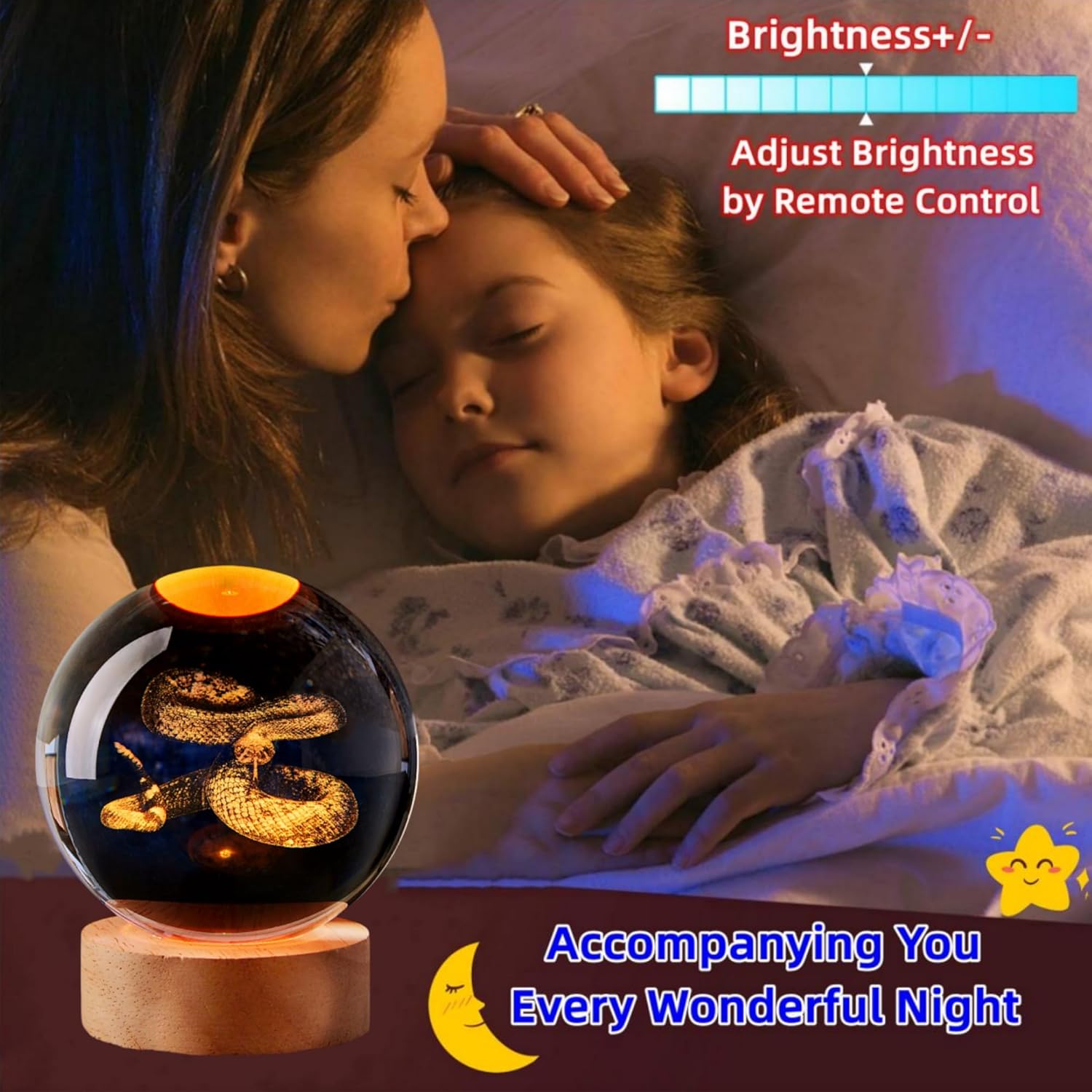 Large Snake Crystal Ball Night Light with Woodern Base, 3D Cobra Crystal Lamp 16 Color Changing with Remote Control, Laser Engraved Glass Ball Lamp, Room Decor (Snake)