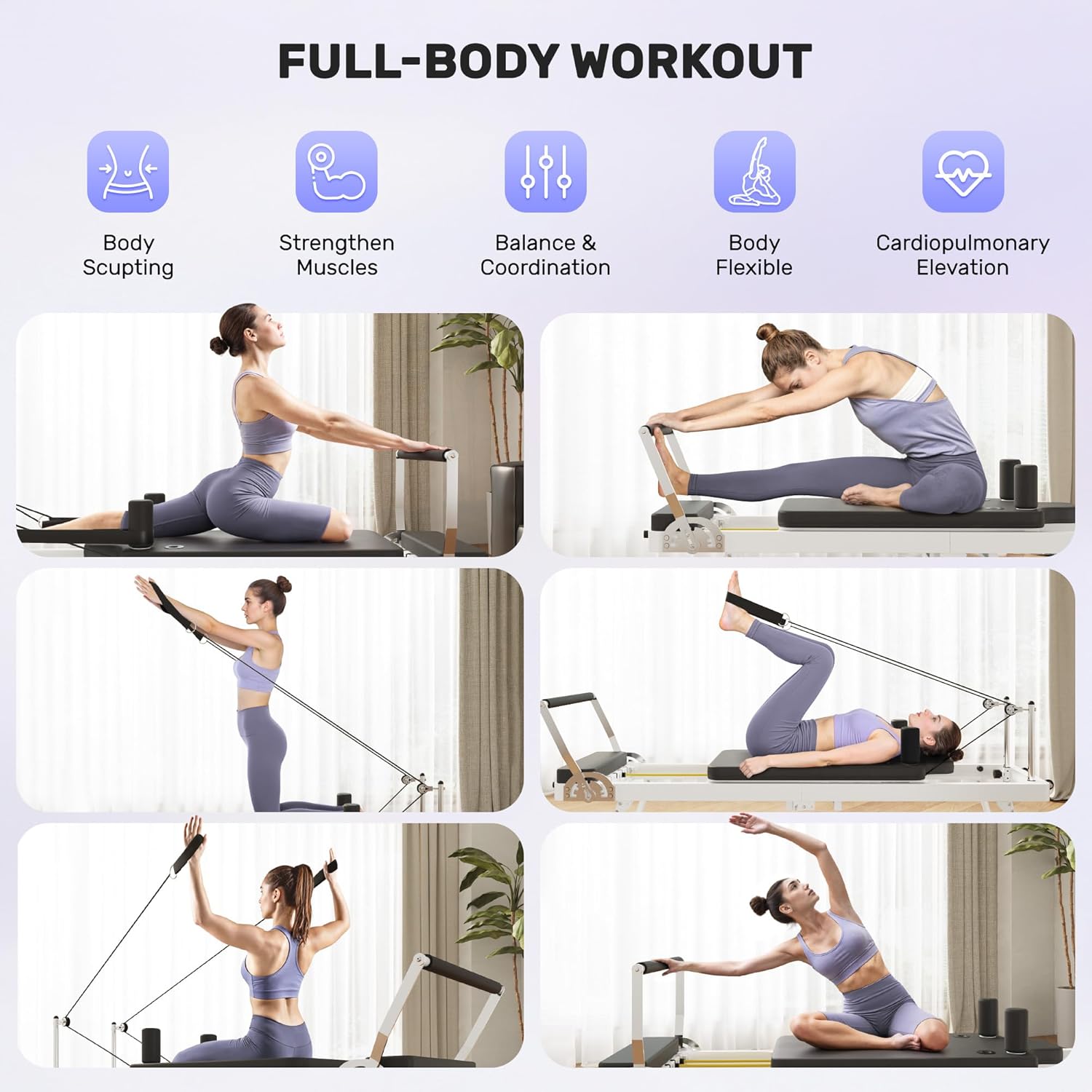 Image highlighting the trapezoidal frame structure of the JELENS JP01 Pilates Reformer, emphasizing its smooth and safe design and 440 LBS weight capacity.