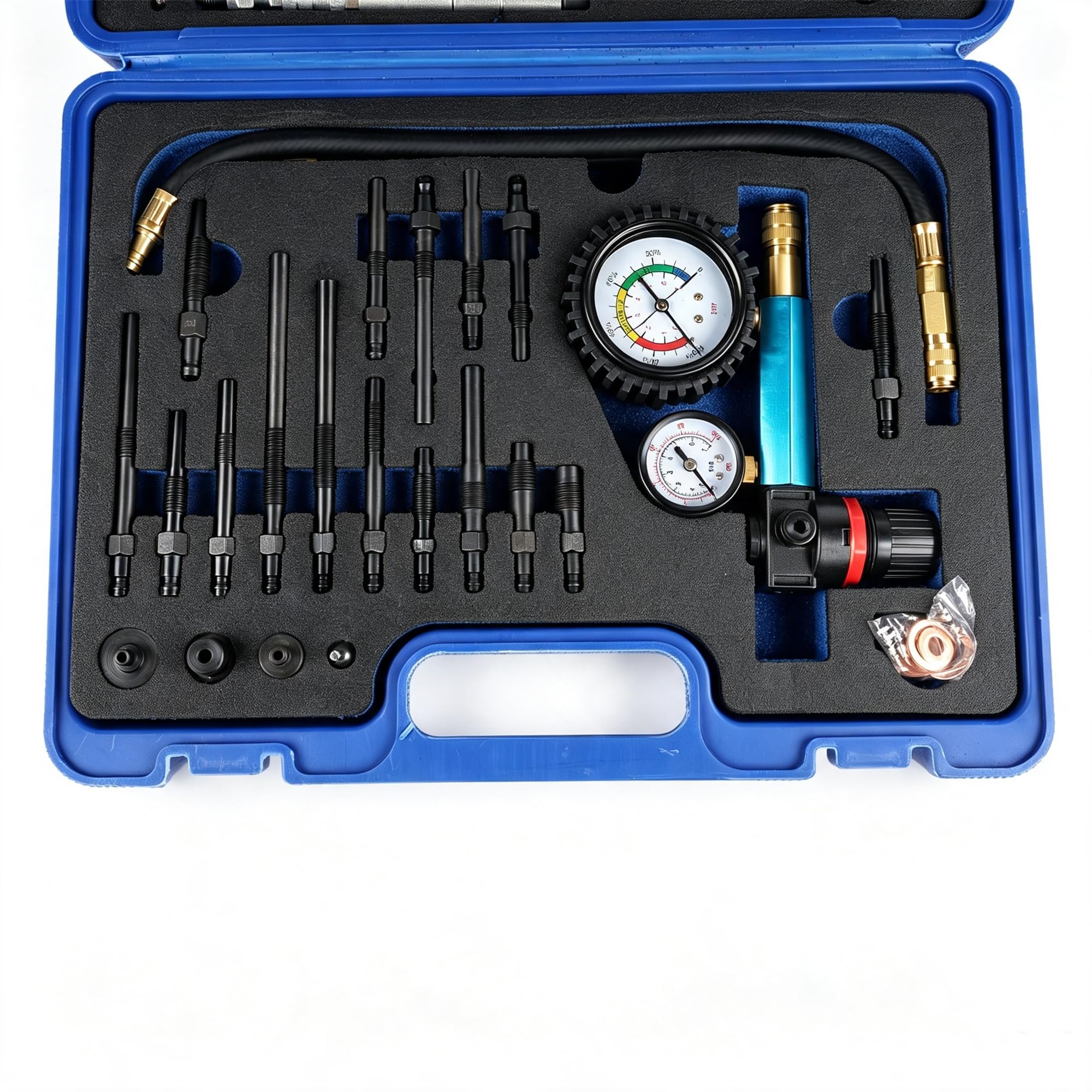46 Pezzi Tester di compressione e Perdite per Motori a Benzina & Diese compatibile con motori diesel e benzina per la maggior parte delle auto, camion, moto (scatola blu) Hopzty