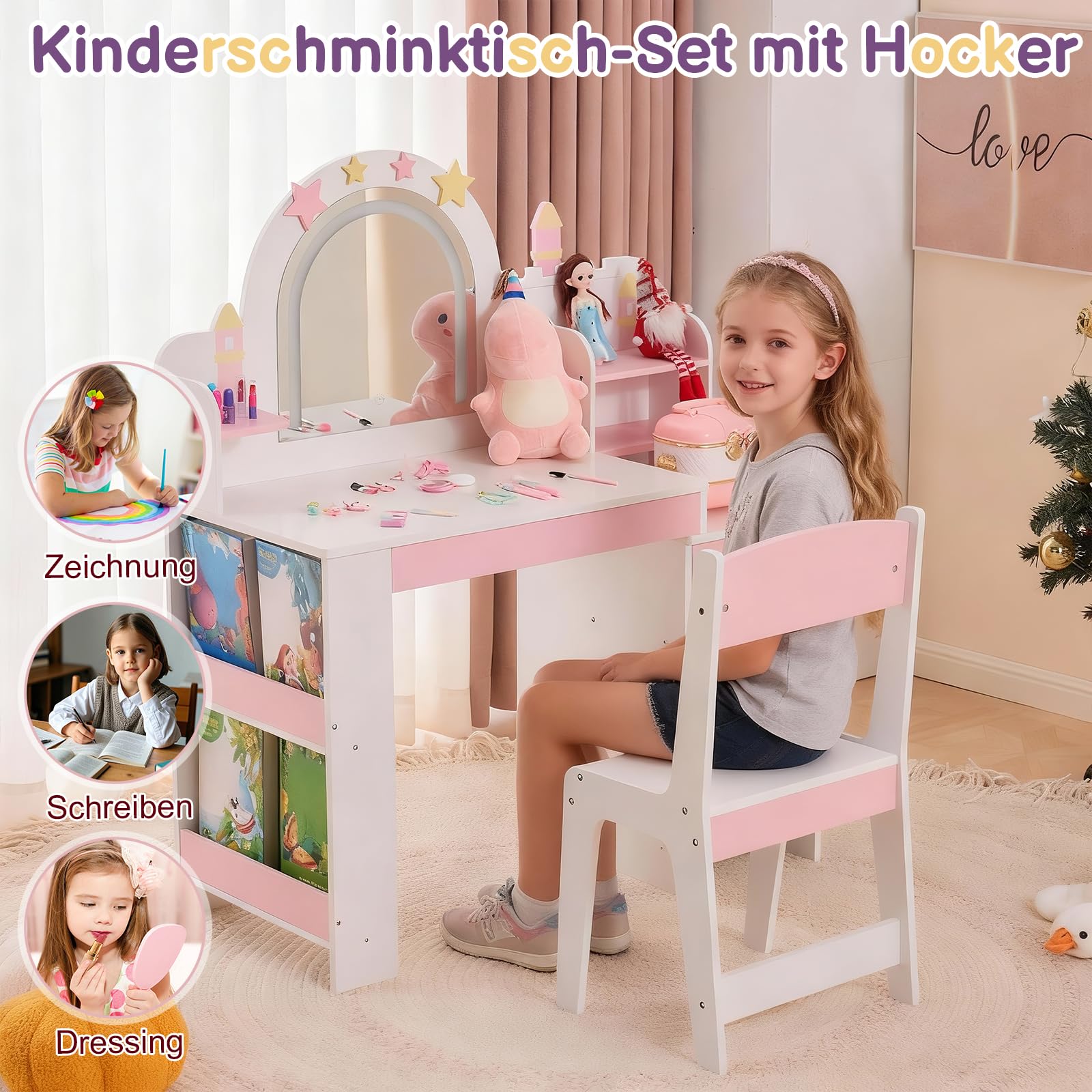 LALAHO Schminktisch Kinder mit Hocker Frisiertisch Kinderschminktisch für Mädchen aus Holz mit Beleuchtung, Spiegel, 5 Schubladen & Bücherregal，-Kosmetiktisch Set für ab 3 Jahren，(Weiß)