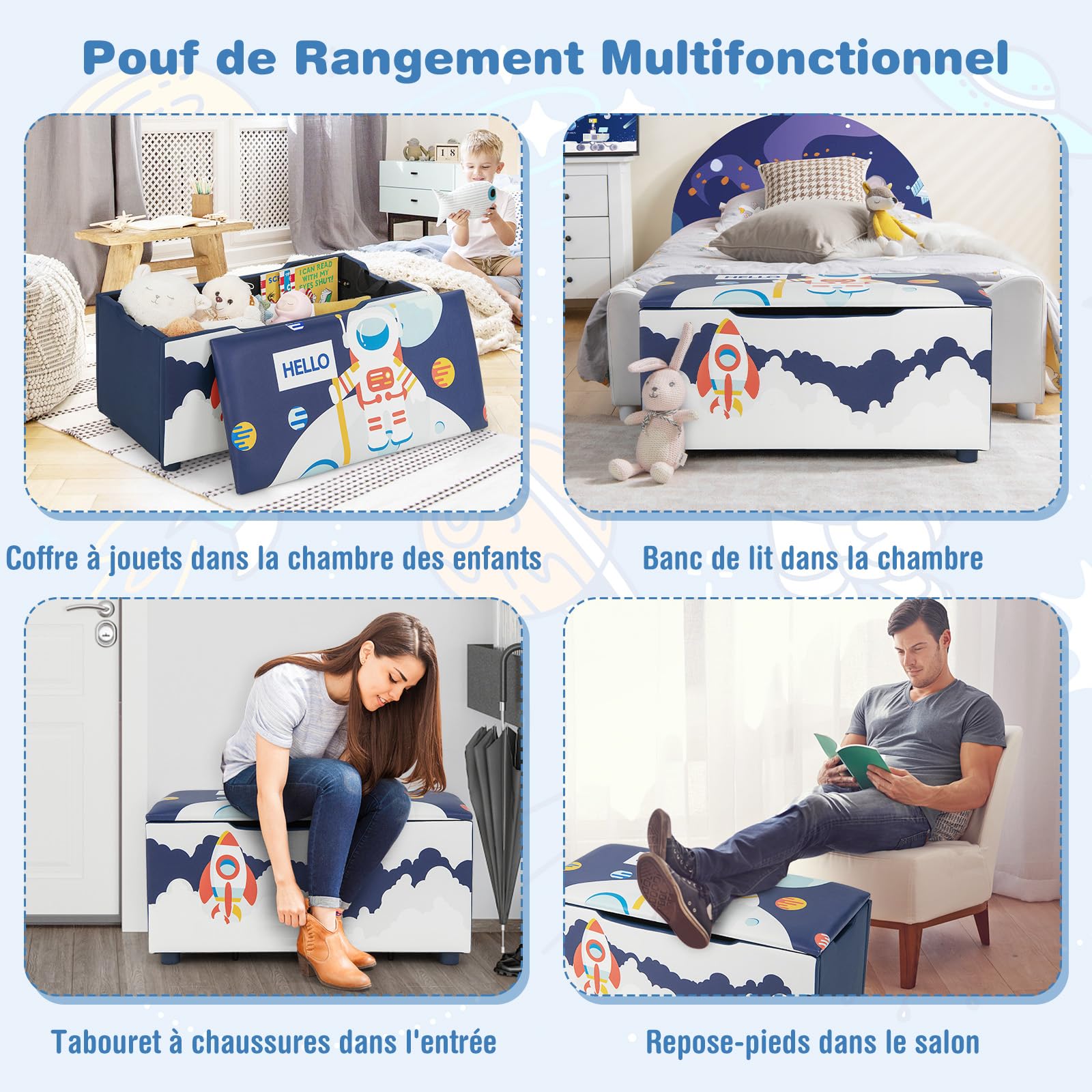 GOPLUS Caja de Almacenamiento 2 en 1 para Niños con Tapa Desmontable, Banco de Almacenamiento con Ranuras Antipinzamiento, Correa de Tracción, Caja de Almacenamiento, 75x36x38CM (Azul (astronauta))