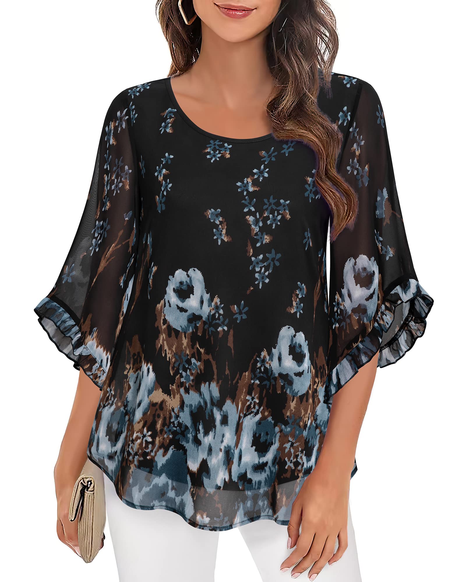 VAFOLYWomen's Casual Loose Ruffle Trim Sleeve Blouse Double-Layered Work Shirts Chiffon Elegant Dressy Tops