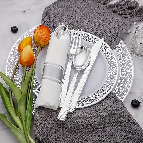 Miniatura 3 de Supernal Paquete de 60 cubiertos de plástico plateado preenrollados de alta resistencia, cubiertos desechables de plástico plateado de primera