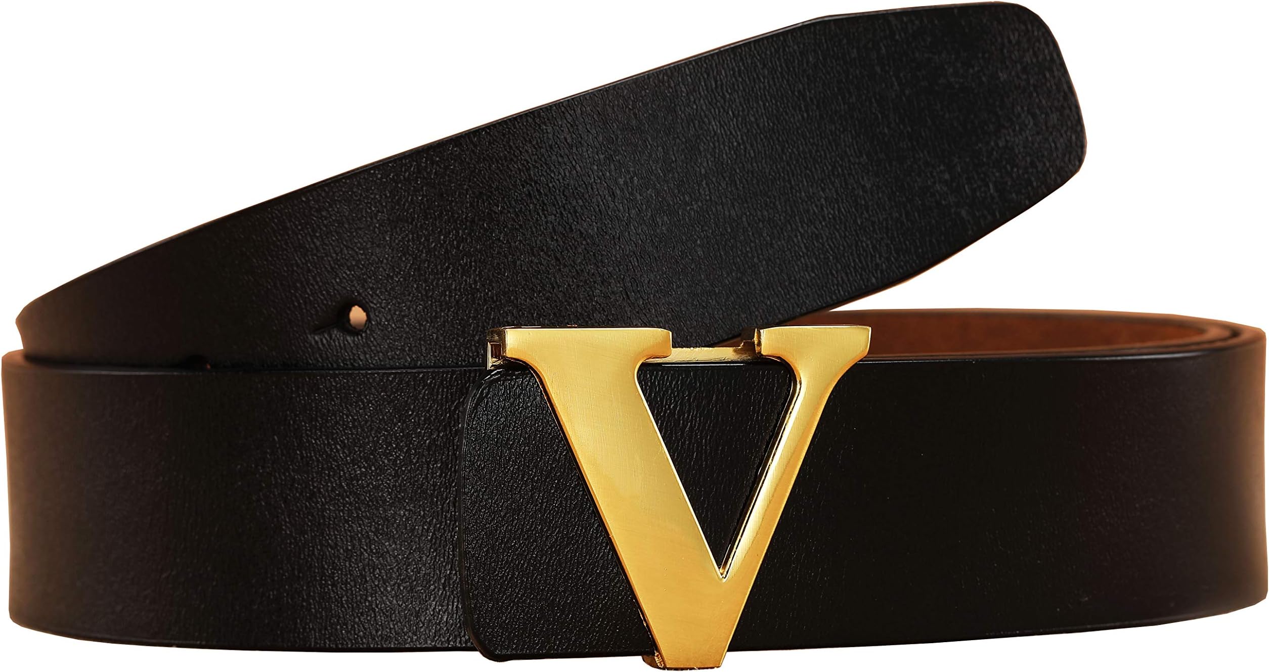 Men's Classic Gold/Silver V-Buckle Design Soft Calfskin Belt