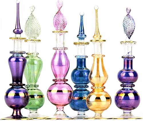 Miniatura 3 de NileCart Juego de 6 botellas de perfume egipcias sopladas a mano de 4 pulgadas con decoración egipcia dorada hecha a mano para perfumes y aceites