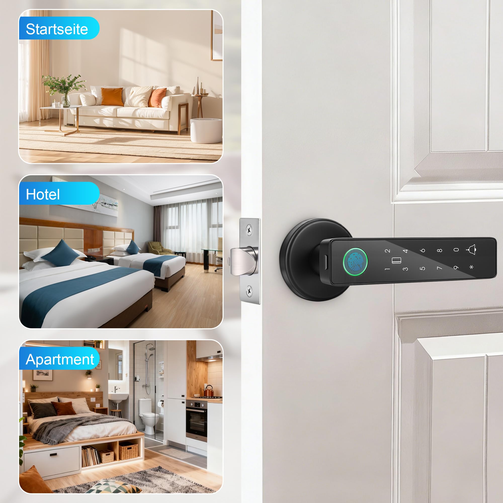 Türschloss Fingerabdruck, Smart Lock Intelligentes Türschloss mit Zahlencode, Elektronisches Schlüsselloses Zugangssystem aus Aluminiumlegierung mit Fingerabdruck Passwortkarte(BLACK)