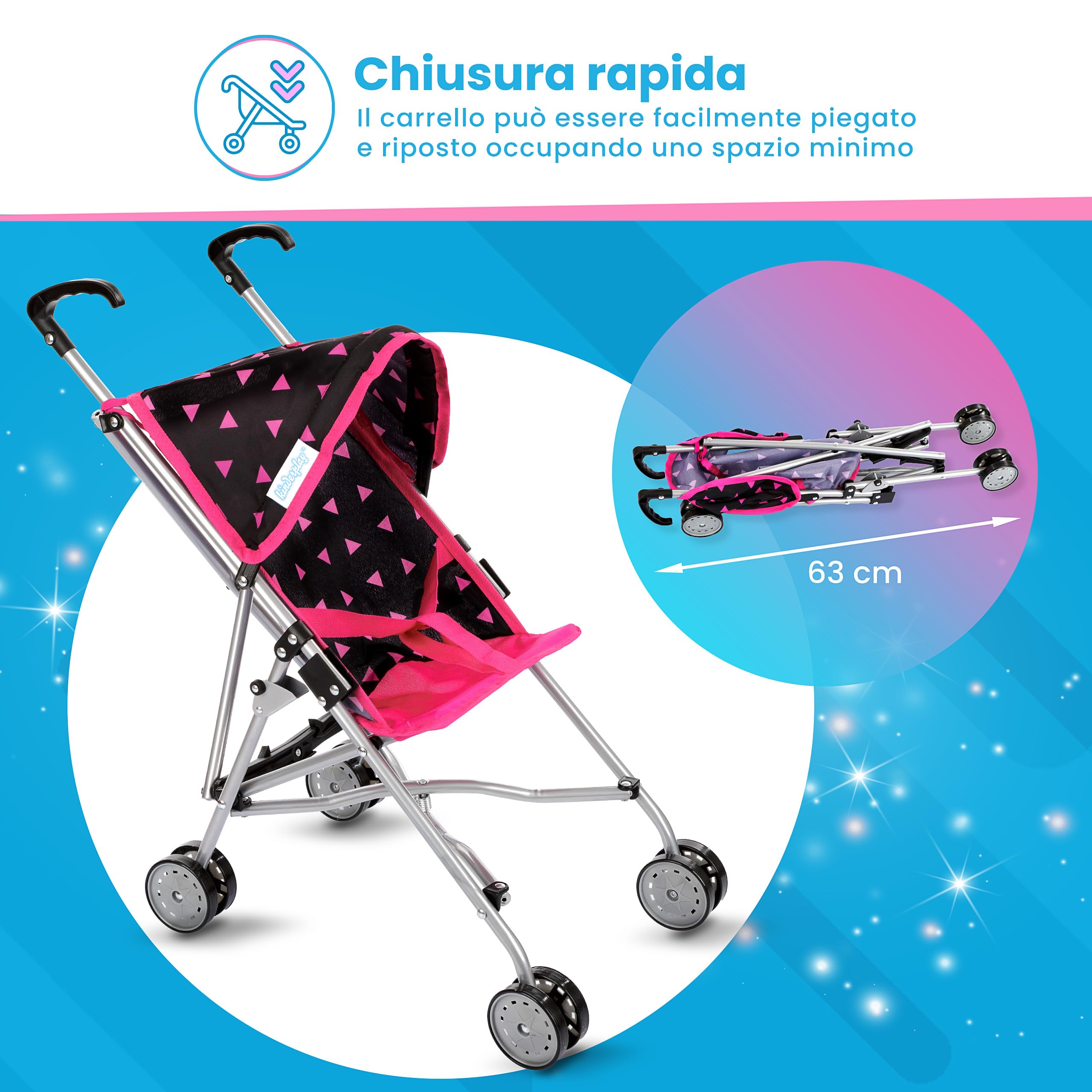 Kinderplay Passeggino per Bambole in Alluminio – Manico 54 cm, Leggero e Pieghevole – Per Bambini 2+ – Ruote Doppie Silenziose e Cintura di Sicurezza