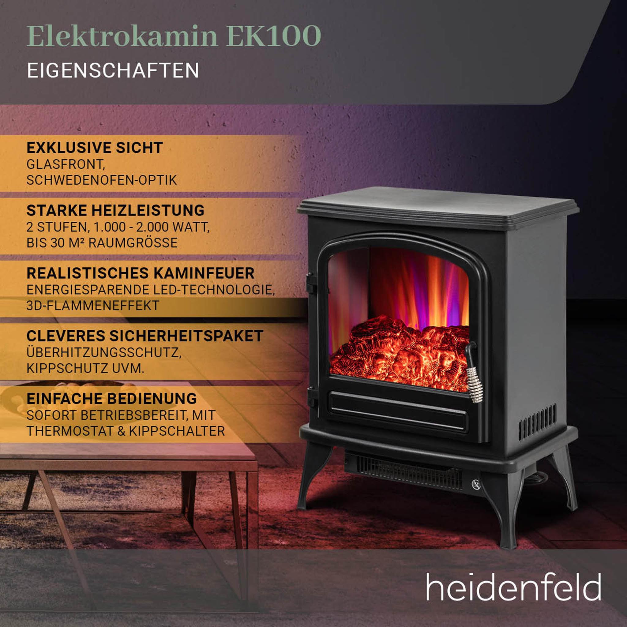 Heidenfeld Elektrokamin EK100 | 𝟯 𝐉𝐀𝐇𝐑𝐄 𝐆𝐀𝐑𝐀𝐍𝐓𝐈𝐄 - 2000 Watt - Energiesparende LEDs - Glasfront - 2 Heizstufen - 3D Flammeneffekt Kaminfeuer - Kaminofen Bis 30 m² (Schwarz 2.0)