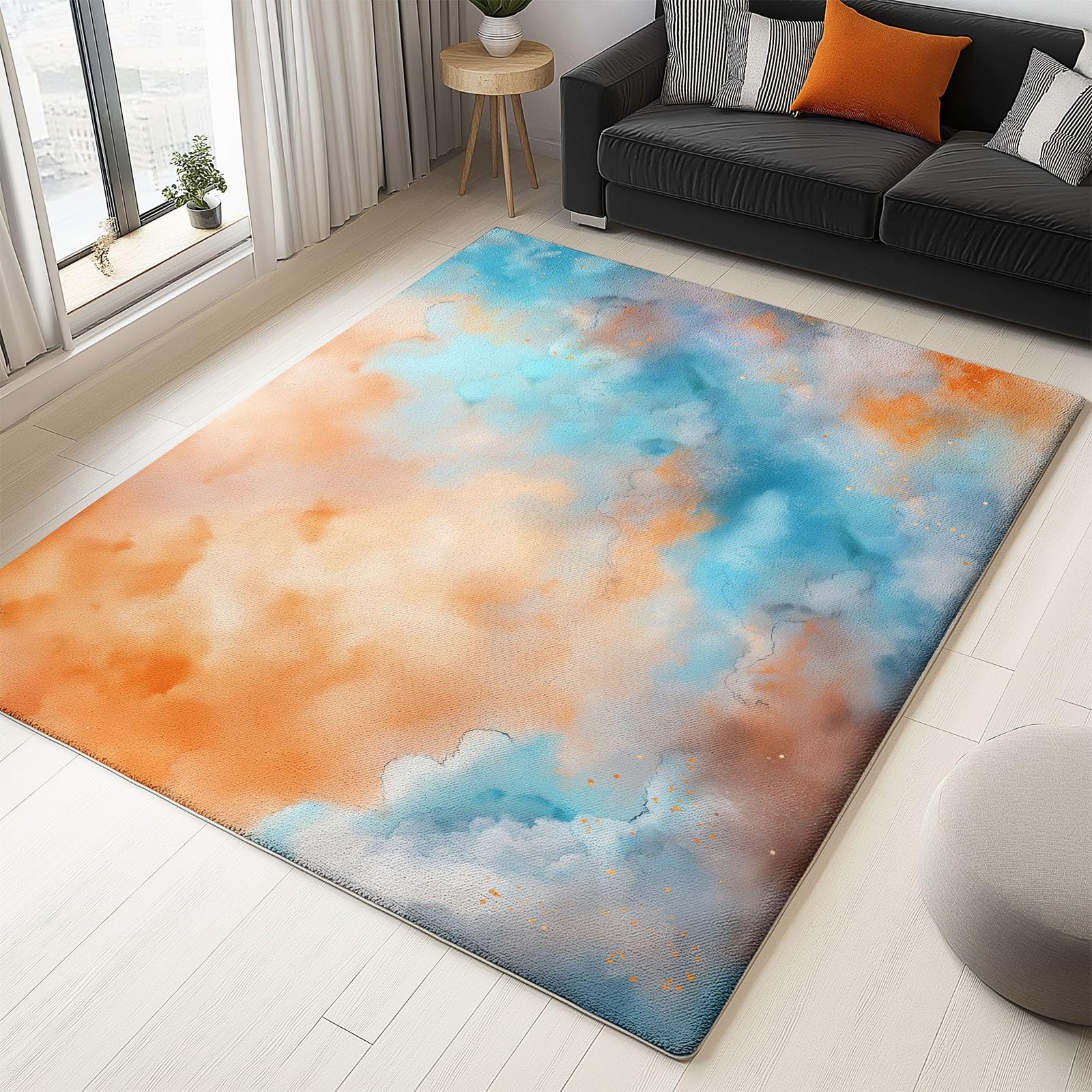 Tapis Descente de Lit 80 x 150 cm, Moquette de Sol Antidérapant et Lavable, Abstrait Art Peinture Nuages - Tapis d'Intérieur Pliable à Poils Courts pour Cuisine, Chambre à Coucher - Orange Clair