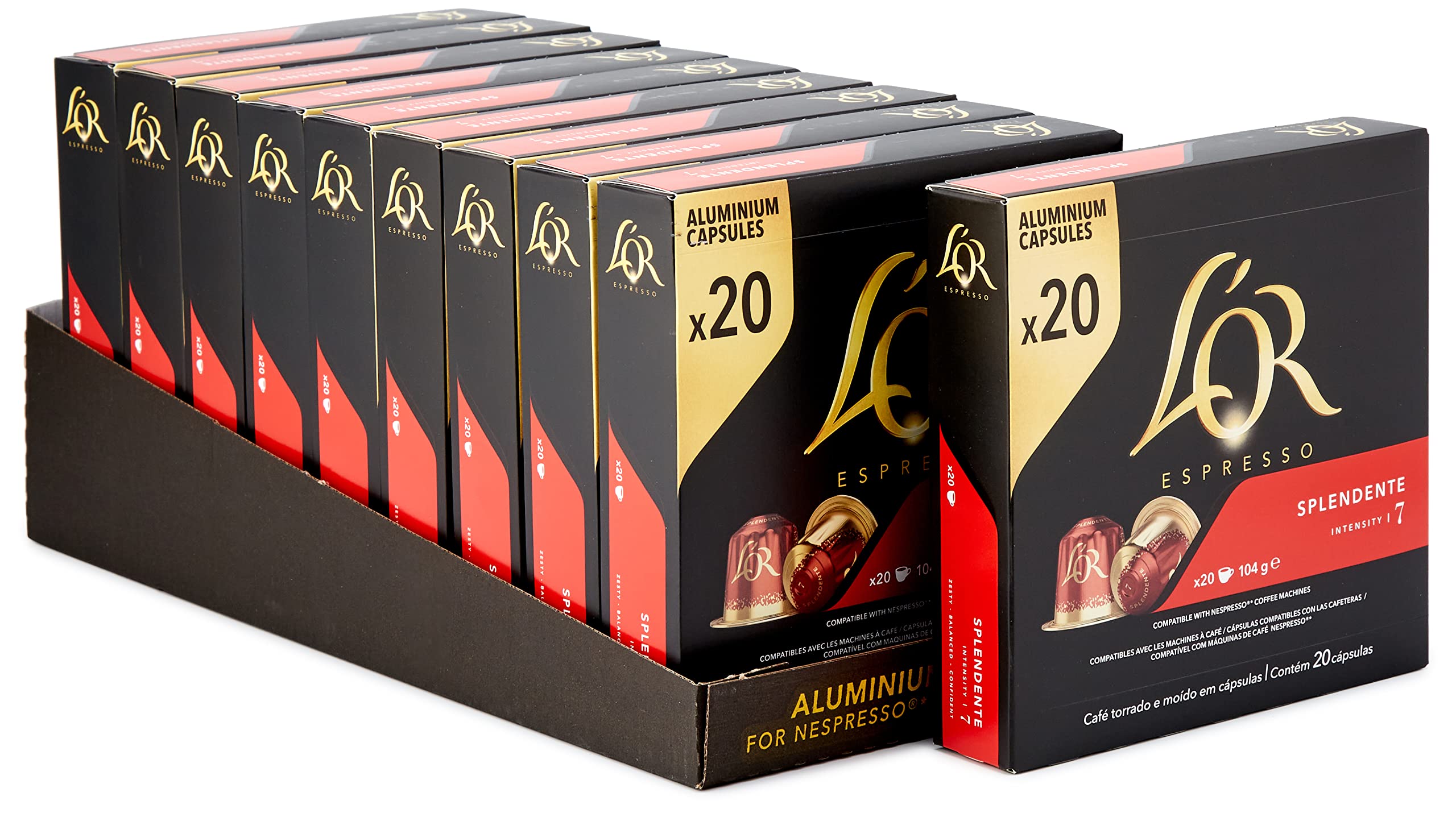 L'OR Splendente - 200 Capsules de Café intensité 7 - Compatibles Nespresso®* (lot de 20 x 10) | Compatibles Nespresso®*, lot de 10 x 20 capsules aluminium