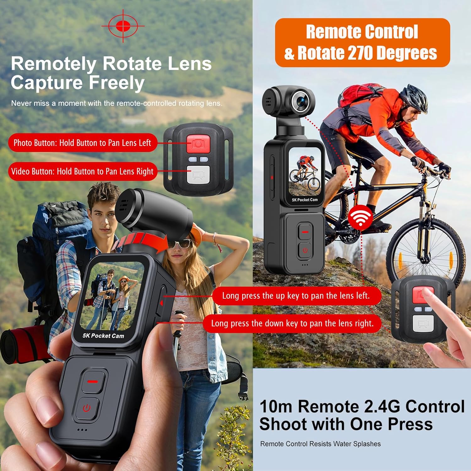 Pocket Camera 5K with Face Detection Automatic Rotating Lens, Vlogging Camera Body Cam with Rotatable Touch Screen, External Mic, Remote Control, 64GB Card
