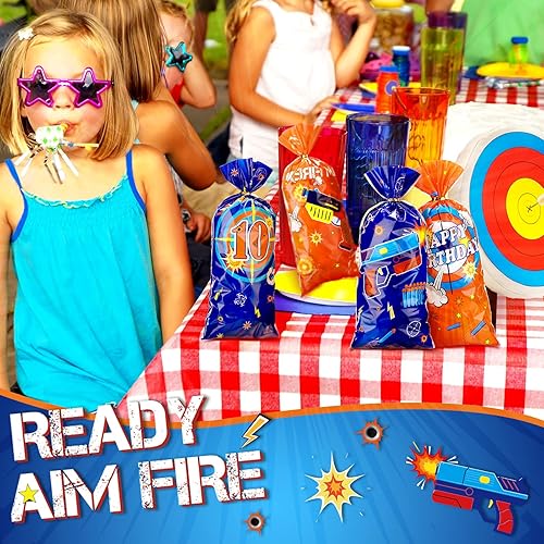 Miniatura 4 de 120 bolsas de regalo para fiesta de guerra de dardos con tema de guerra de dardos, bolsa de plástico para dulces con 150 lazos dorados para