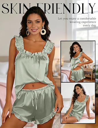 EPLAZA 2pcs Bride Pajamas Set Satin Ruffle Tank Top Shorts Bachelor Party