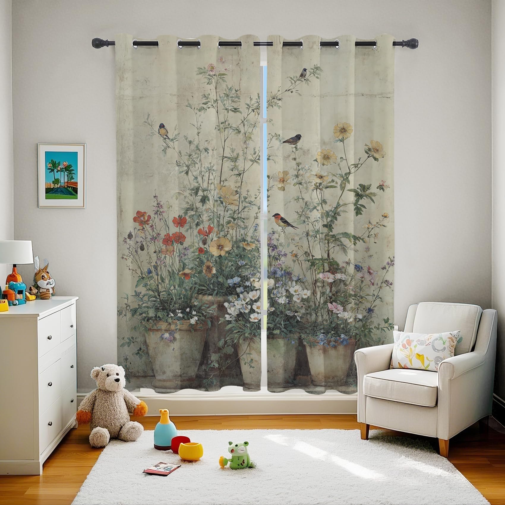 Générique Rideau Occultant Fleurs, Rideaux Thermiques à Oeillets pour Chambre, Motif Oiseaux Floral Botanique Rideaux Salon, Lot de 2 Décoration de Fenêtre, 140x200cm 5Bx5