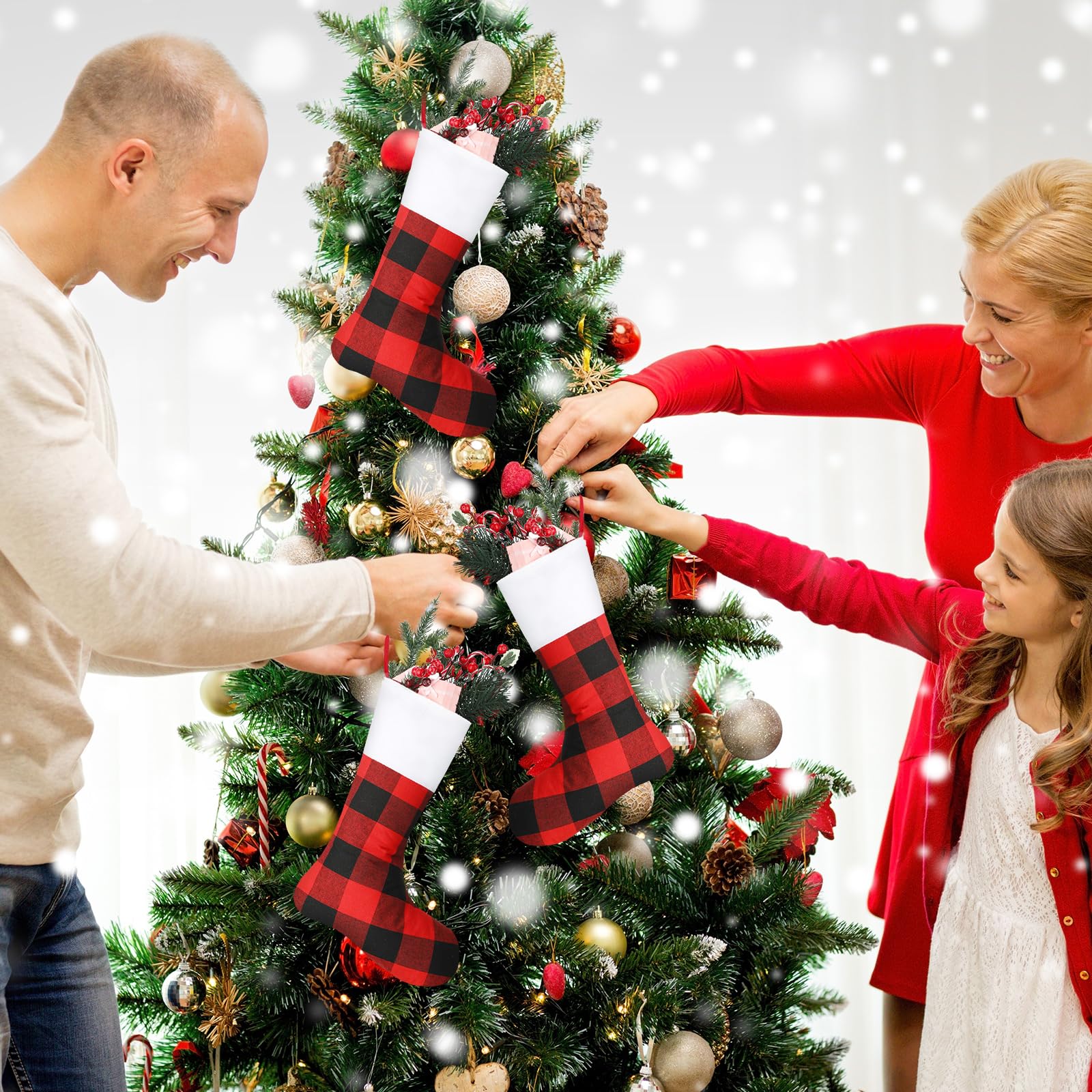 12 calze natalizie a quadri di bufalo, calze natalizie da appendere, decorazioni natalizie a quadri, per feste di Natale in famiglia, feste di Natale, bianco e nero (nero, rosso, 45 pollici)
