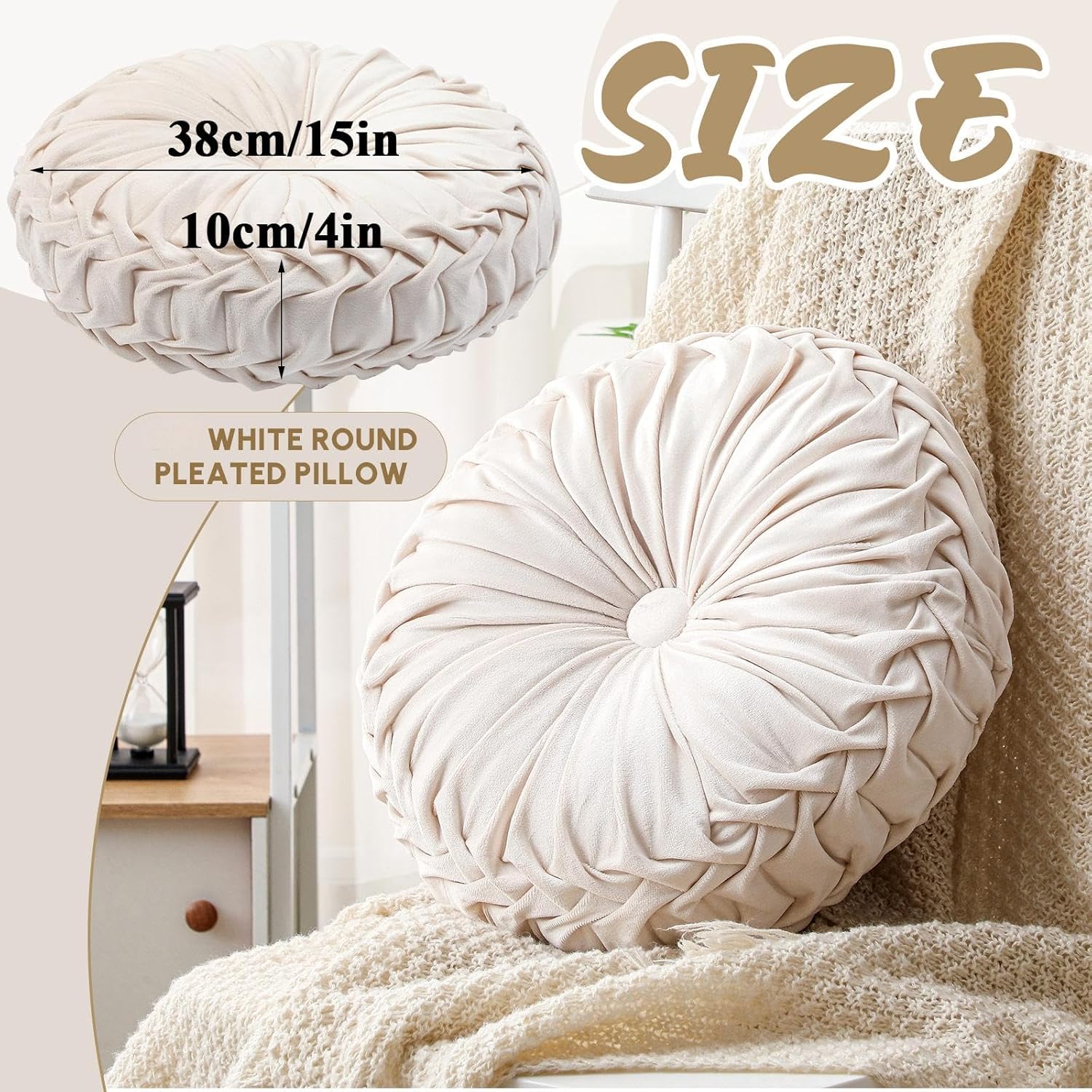 1 Pcs Round Throw Pillows Decorative Velvet Pleated Throw Pillows 15'' Diameter Accent Pumpkin Boho Chair Cushion for Couch Sofa Chair Bed Home Decoration (White) - Image 2
