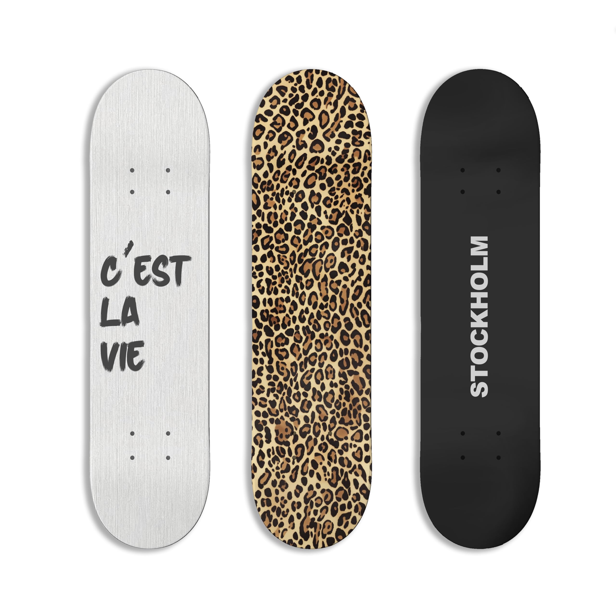 TwoDays Stockholm Style Skateboard Wall Decor - Modern Wall Mount Art Set for Men's Apartment & Dorm, Cool Cheetah Print Skate Deck, Trendy Skater Room Design (Set of 3)