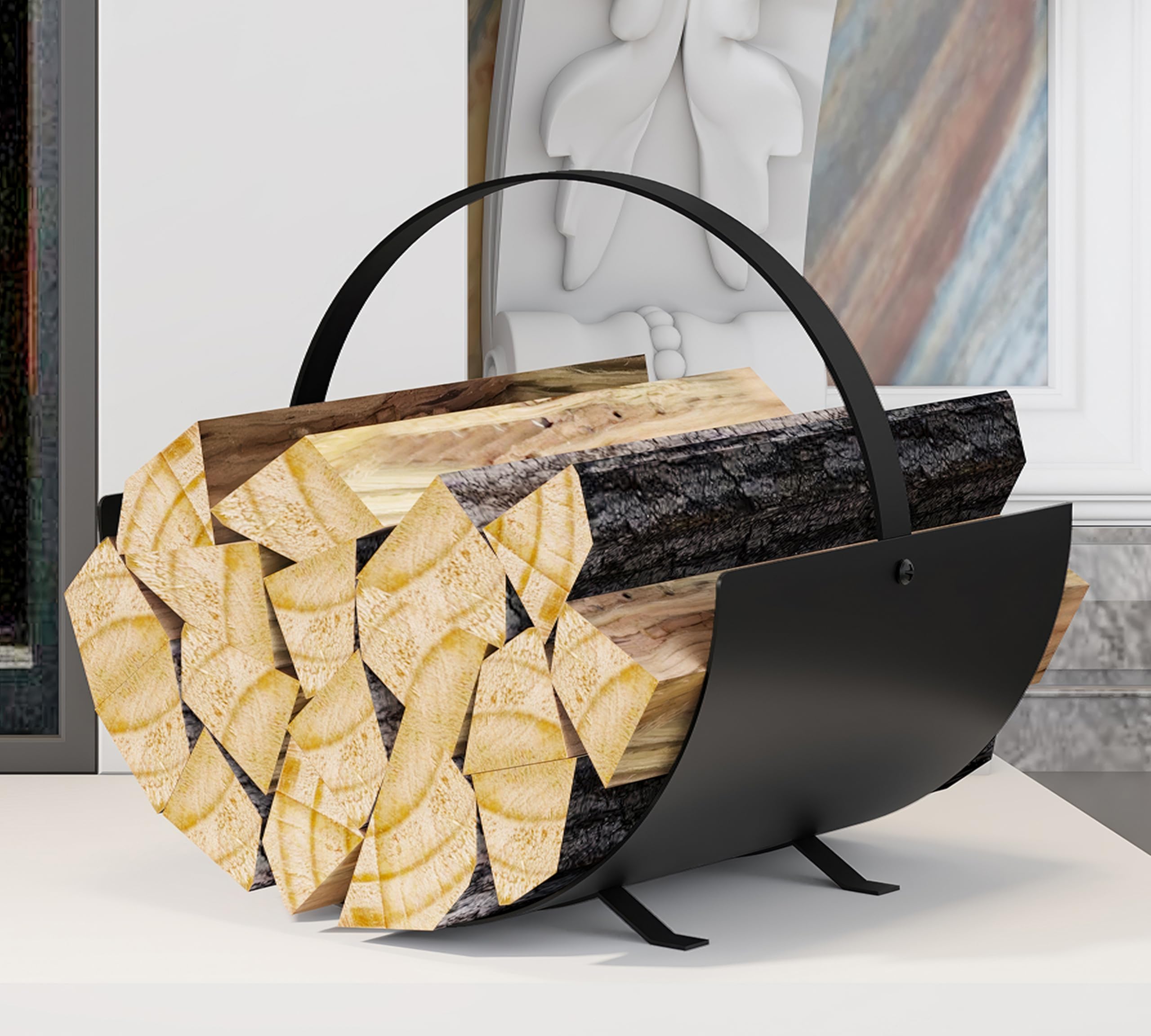 Kingson Cesta de leña para chimenea interior, soporte de troncos de acero arqueado con mango de hierro plano, almacenamiento de leña negro, soporte decorativo para leña, 35 x 28 x 36 cm