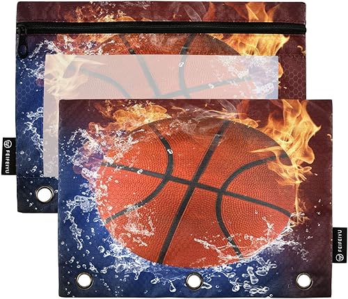 Qilmy Bolsillo para carpeta de baloncesto, paquete de 2 bolsillos con cremallera con ventana transparente, bolsillo para carpeta de 3 anillos para
