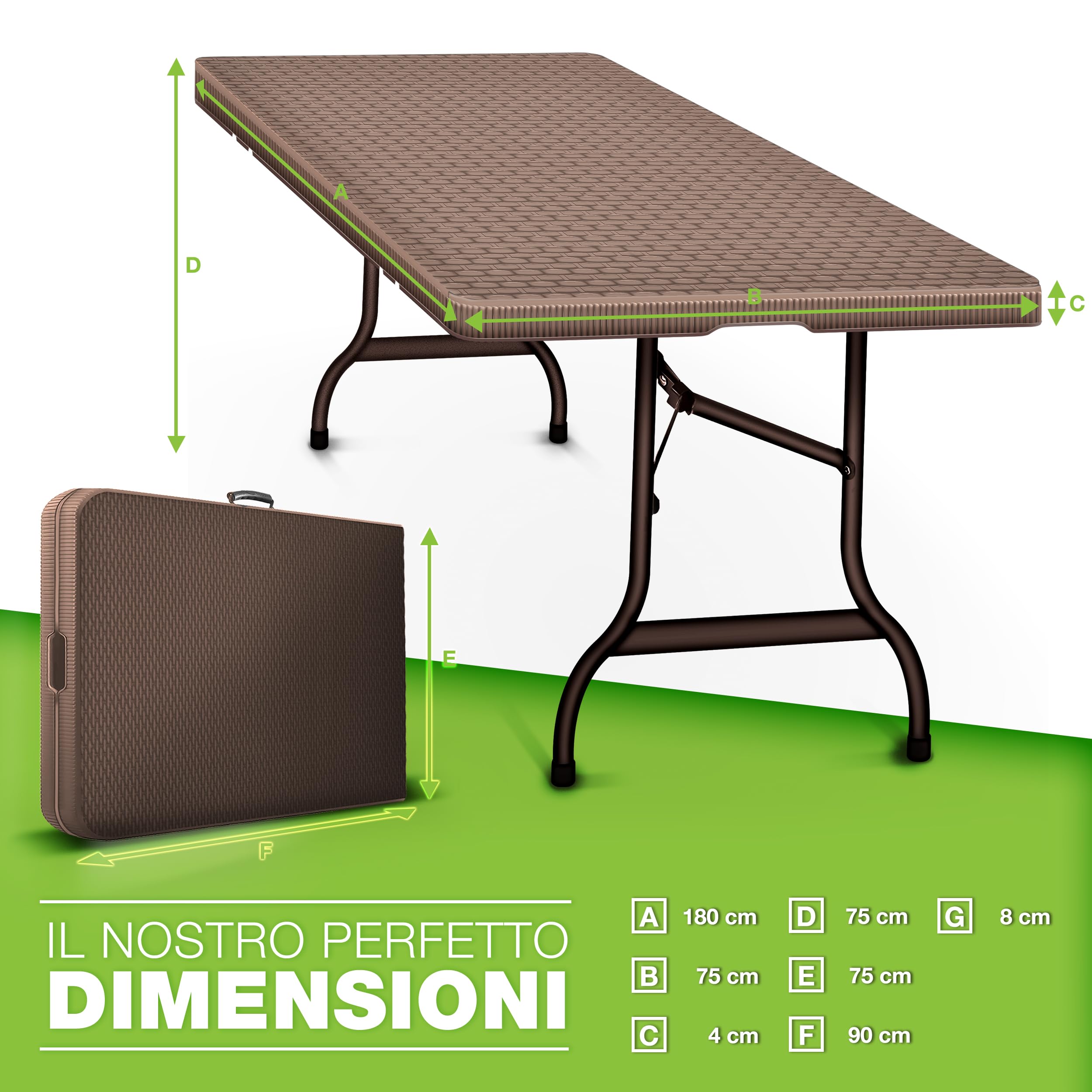 tillvex Tavolo da giardino pieghevole estetica rattan 180x75cm | Tavolo da buffet con impugnatura di trasporto | Tavolo pieghevole per giardino, terrazza e balcone per 6 persone (Marrone)