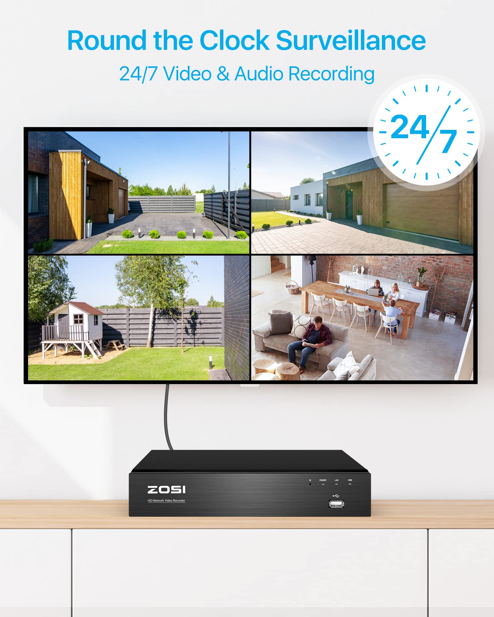 ZOSI 4K Kit de Cámara de Seguridad PoE 8CH 8MP H.265+ Grabador NVR con 8pcs Cámaras de Vigilancia Exterior, Visión Nocturna en Color, Alarma de Luz y Sirena, Audio, 2TB HDD Incluido