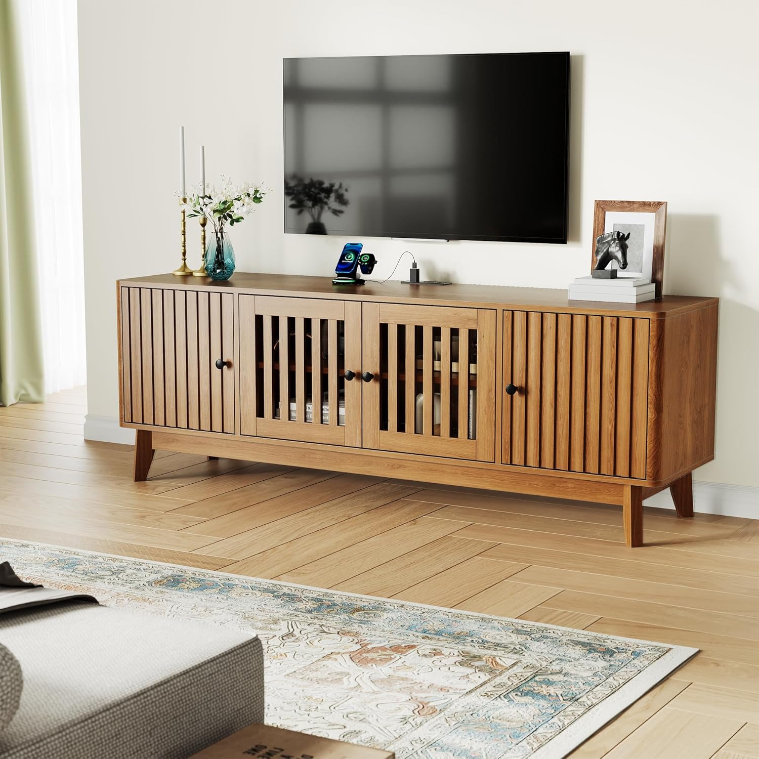 TV Stand Entertainment Center with Storage Cabinets, LED Lights Open Shelves & Power Outlets Media TV Console Table for UP to 75" Television Stands