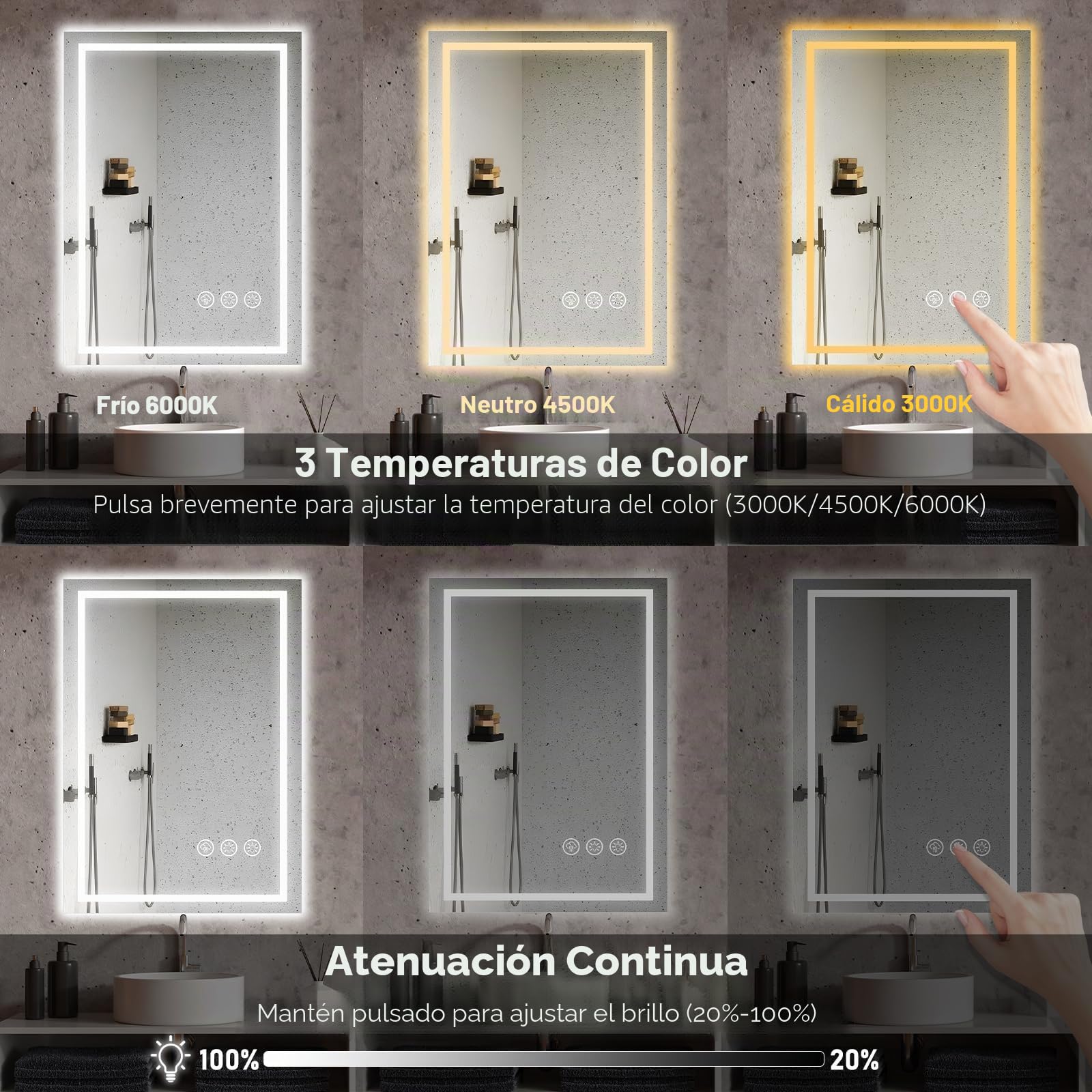 Espejo Baño con Luz 50x70cm LED Antivaho Regulable 3 Colores Luz Función Memoria