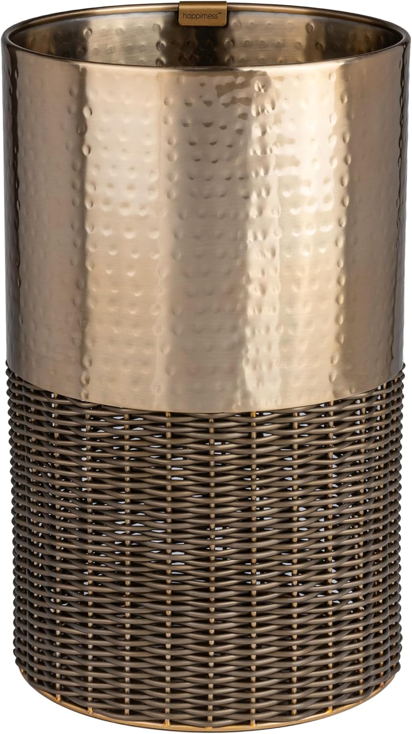 happimess HPM1102B Asher Modern 4.13-Gallon 2-Tone Natural Wicker/Metal Cylinder Waste Basket, Chrome/Natural for Home, Bathroom, Living Room, Office, Bedroom, Kitchen