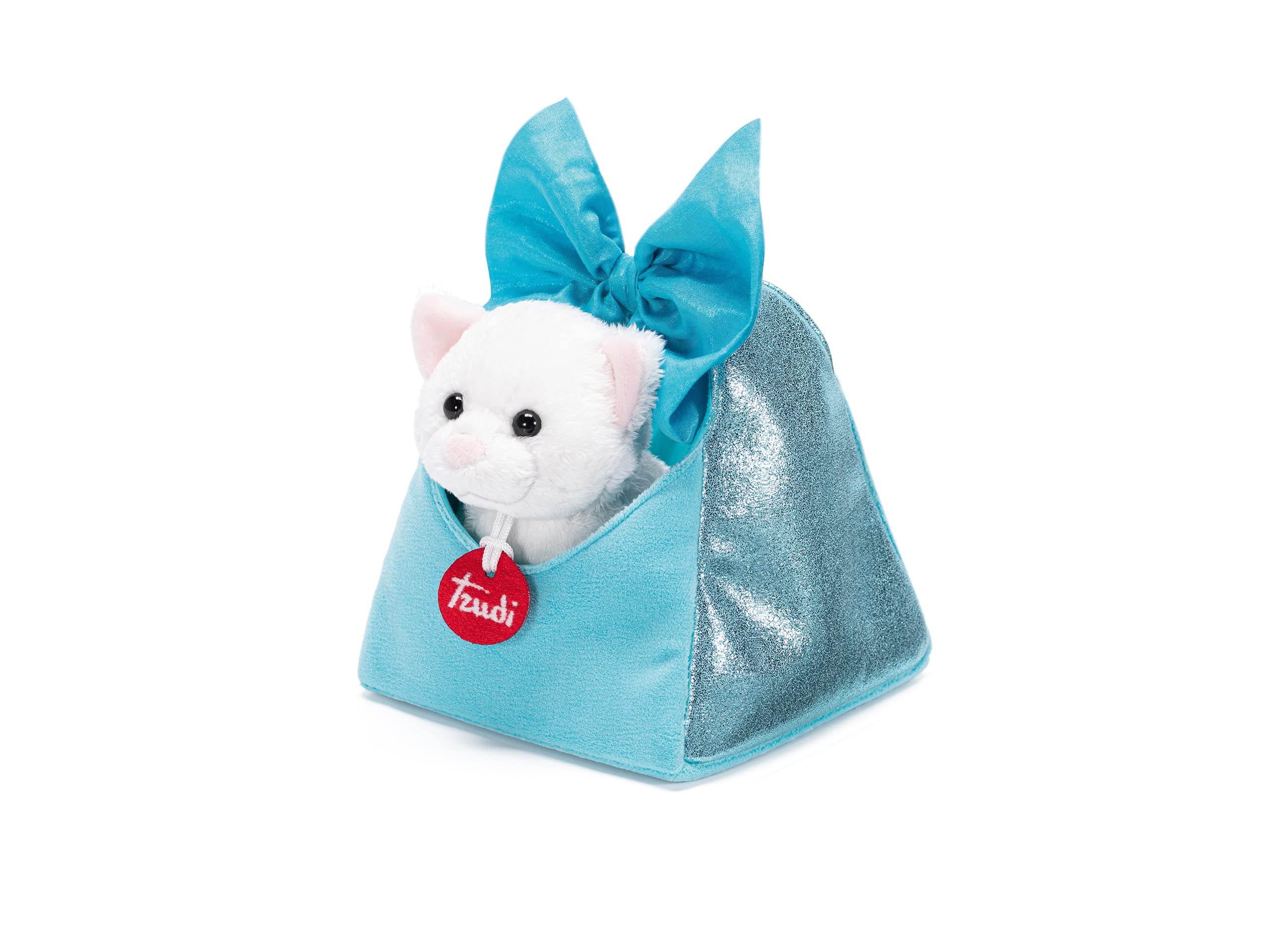 Chaton en peluche blanche Trudi avec son petit sac à main rose, modèle compact 12x17x26cm