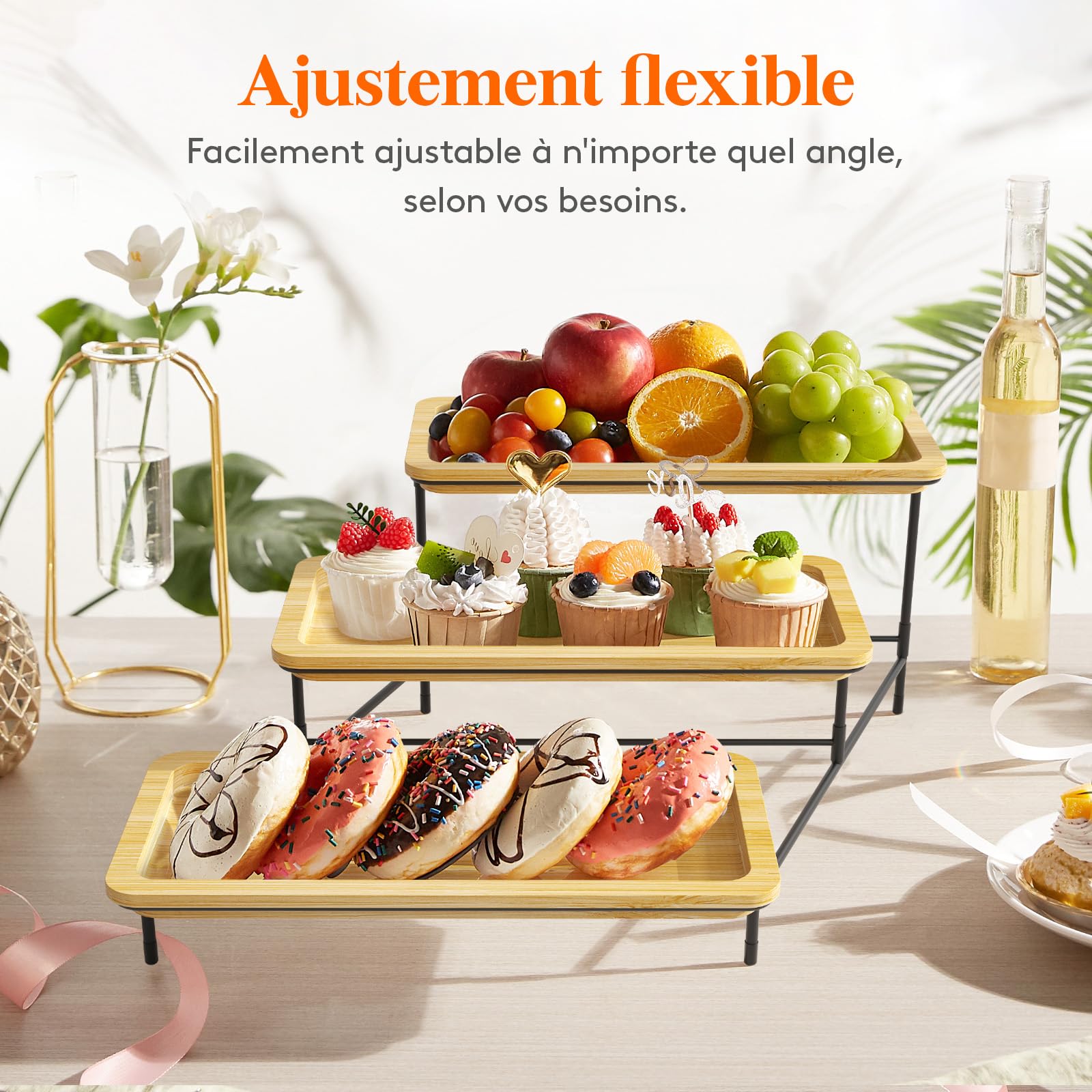 Lifewit Plateau de service 3 étages en bambou - 30 x 17 cm - Support métal noir - Accessoires de fête, buffet - Réutilisable pour légumes, fruits, desserts