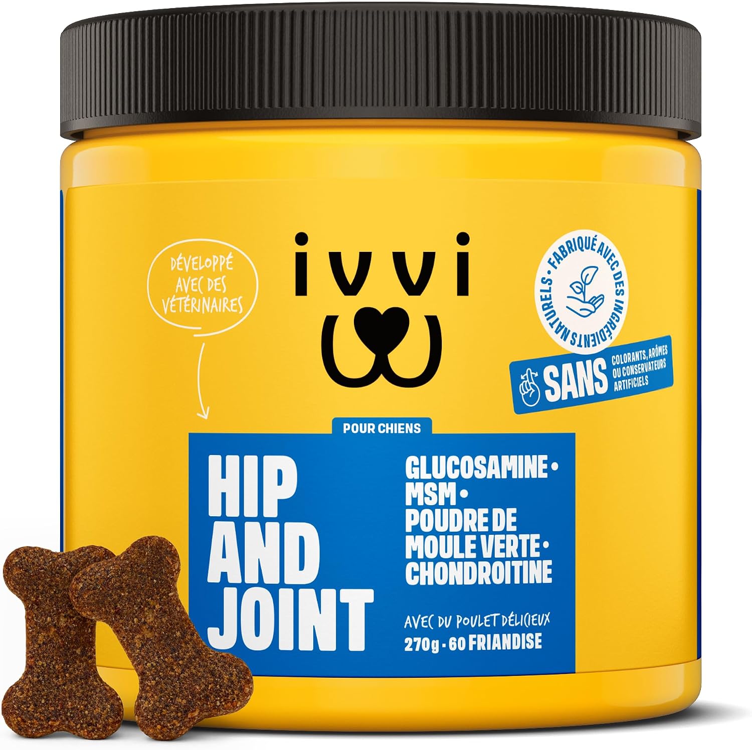 ivvi Hip and Joint Chien – 60 Friandises au Poulet Articulations, Arthrose | Complément Alimentaire Hautement Concentré, MSM, Moule à Lèvres Vertes, Glucosamine, 270g