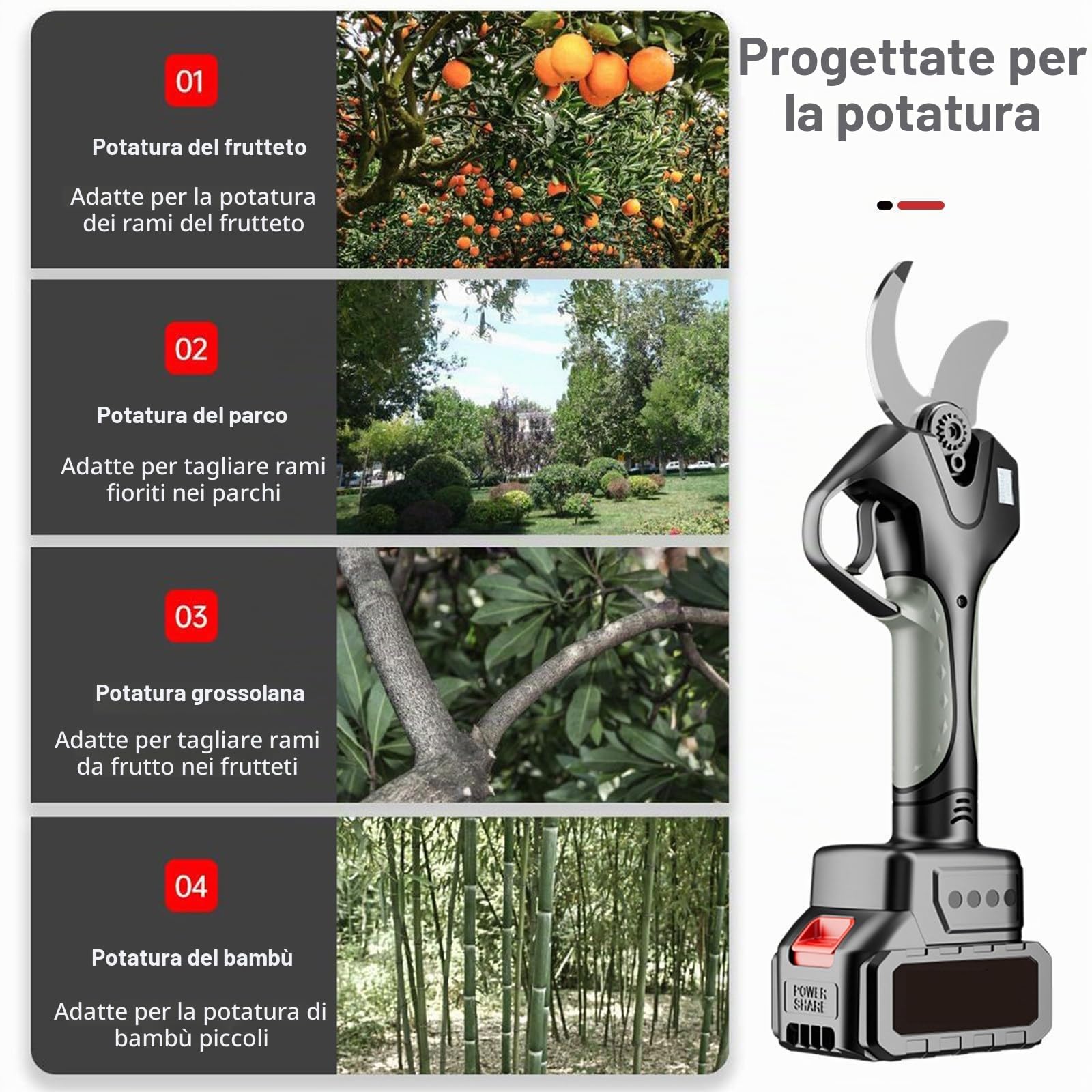 Forbici Potatura a Batteria, 50mm, Acciaio al Carbonio SK5, Asta Estensibile, 2 Batterie, Per Vigneti, Ulivi, Giardinaggio