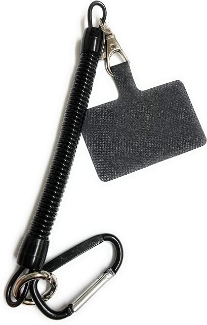Elastic Black Mobile Phone Lanyard, Black Spring Lanyard With Carabiner, Universal, Theft Proof Anti-Lost Elastic Tether With Patch, Stretchy, Cellphone And Keychain Elastic Lasso