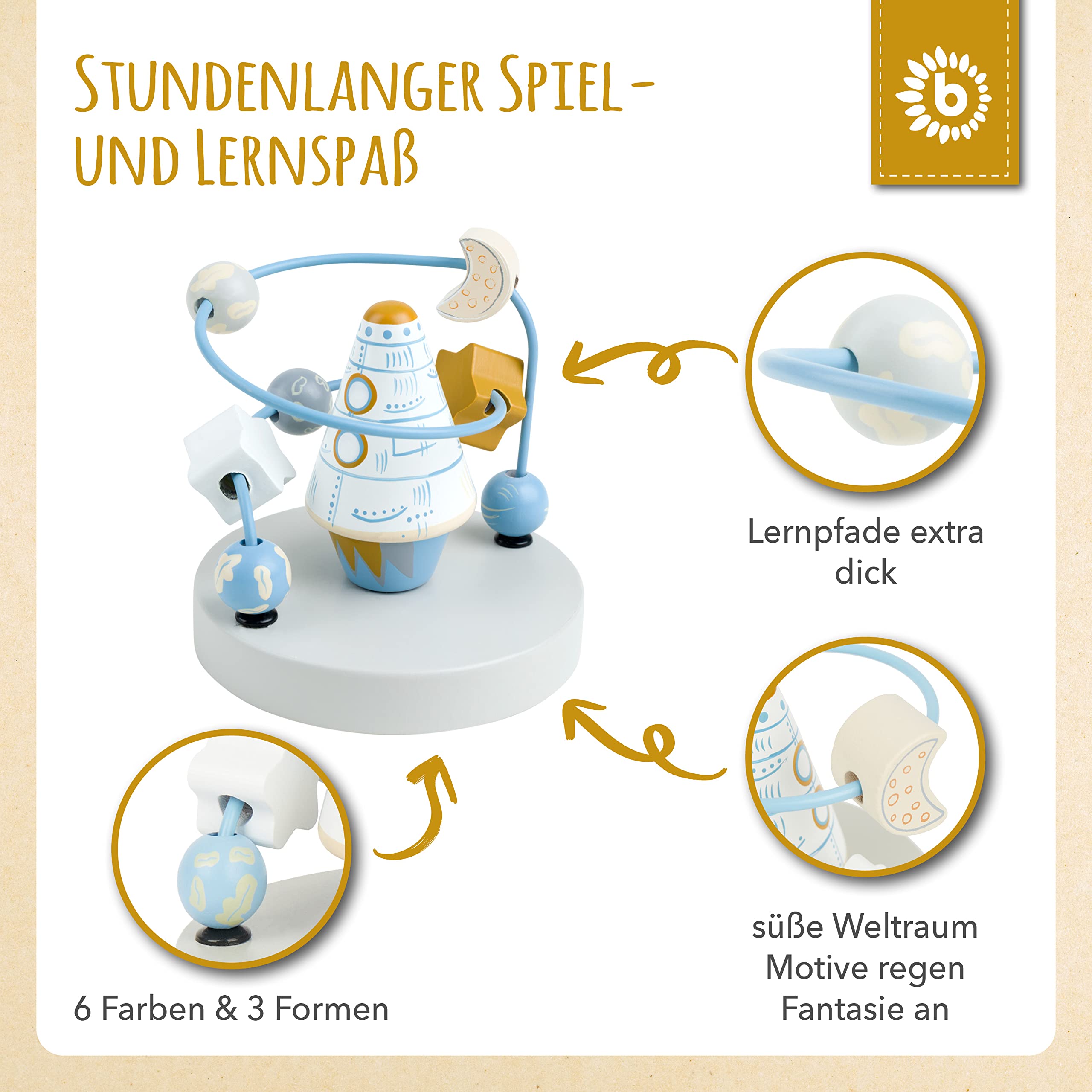 Bieco Motorikschleife Rakete | Motorikspielzeug ab 1 Jahr | Niedliches Labyrinth Spiel in Raketen Design | Motorikspielzeug Baby in frischen Farben | Holzspielzeug Baby | Lernspielzeug aus Holz