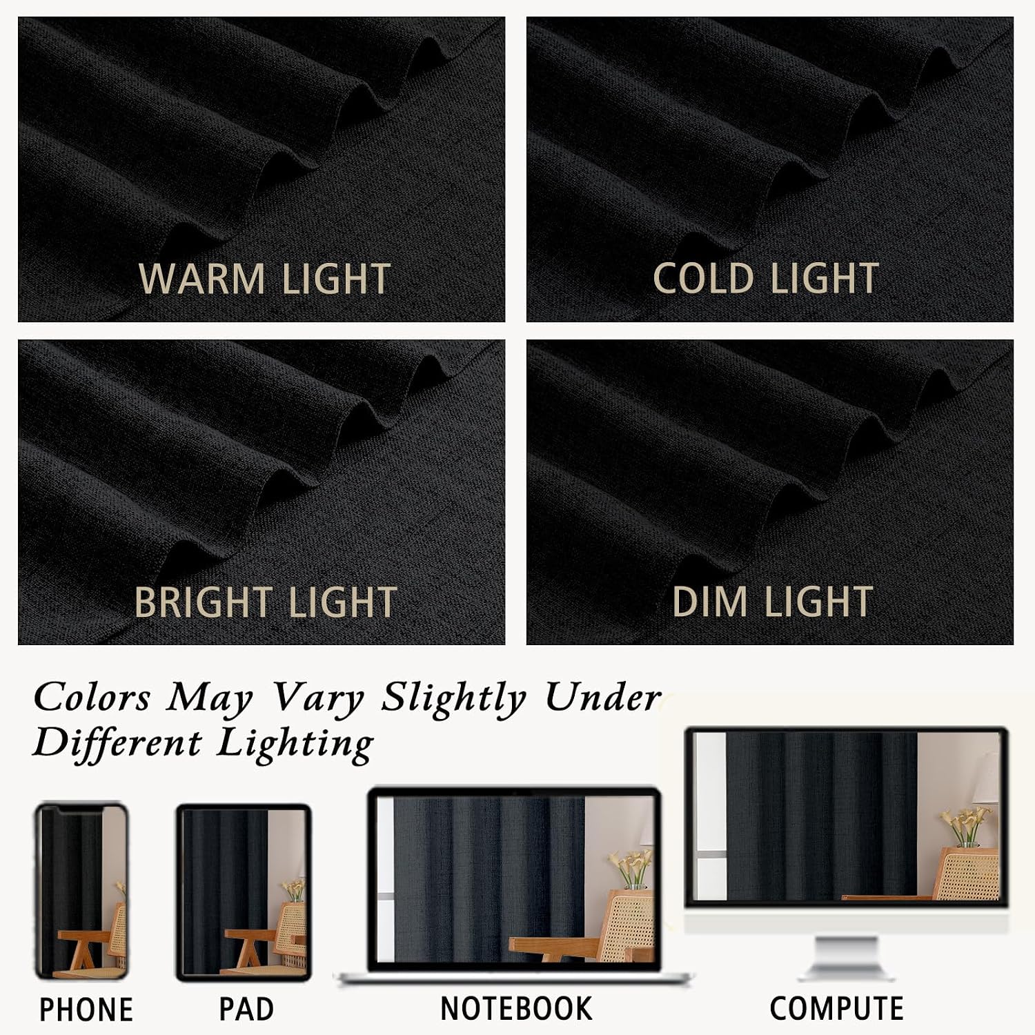 Aiyufeng Black Curtains for Bedroom 96 Inch Length 2 Panels Set，Light Filtering Faux Linen Textured Fabric Long Window Curtain for Living Room Farmhouse Bathroom，Elegant Airy Drapes，52Wx96L, 2PCS image 5