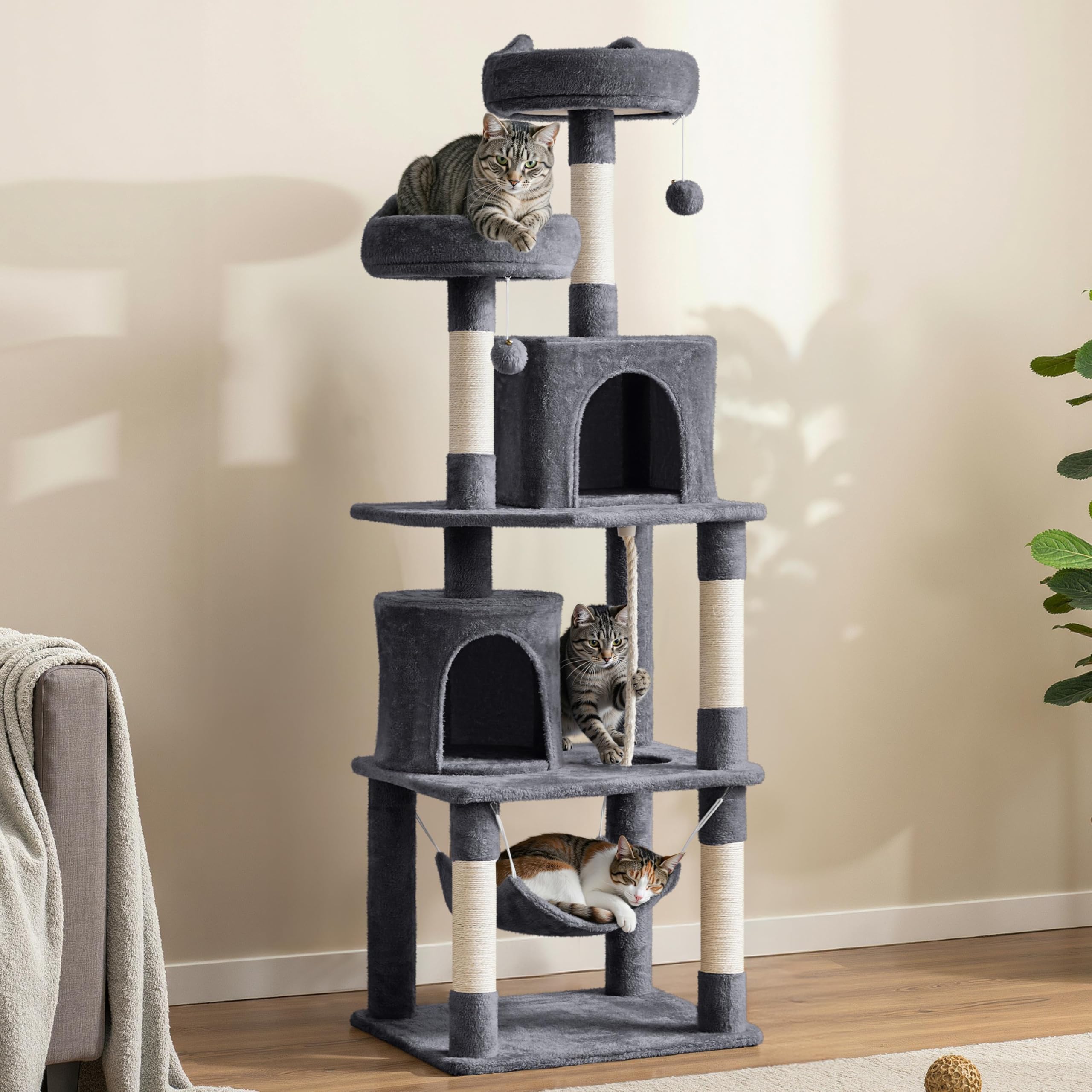 Yaheetech 179 cm Kratzbaum Katzenbaum mit Hängematte & Spielseil dunkelgrau | FSC-zertifizierte Spanplatten | Mehrstöckiger Kratzbaum für große Katzen | mit Kippsicherung | mit 5 Kratzsäulen & 2 Höhlen