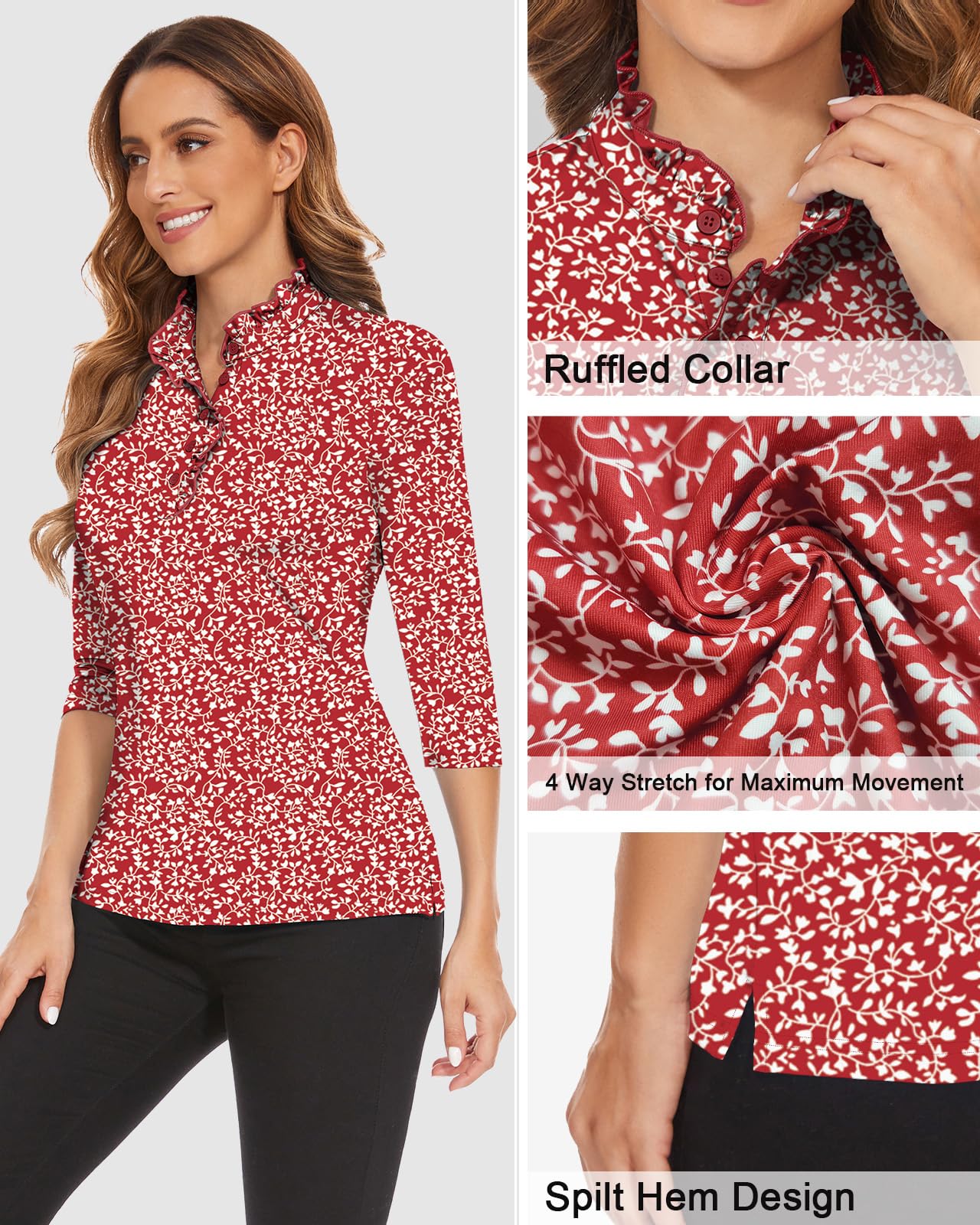 Soneven Camicetta da donna, elegante, maniche a 3/4, da golf, da donna, a maniche lunghe, da ufficio, con volant