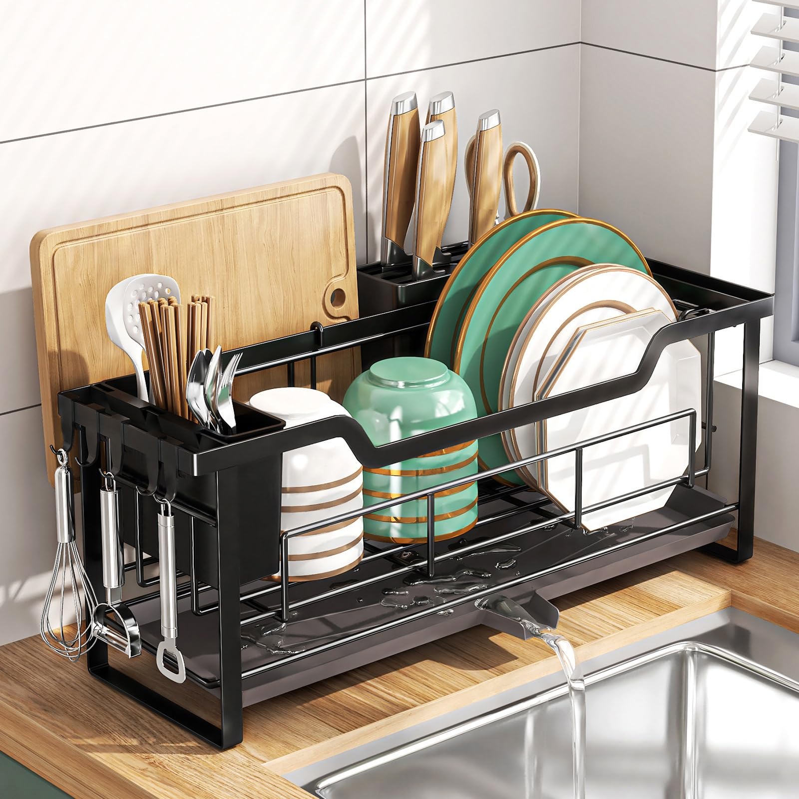 Égouttoir à vaisselle pliable, peu encombrant, pliable en fer avec planche d'égouttement, design à séchage rapide et porte-ustensiles pour petites cuisines (noir, taille L)