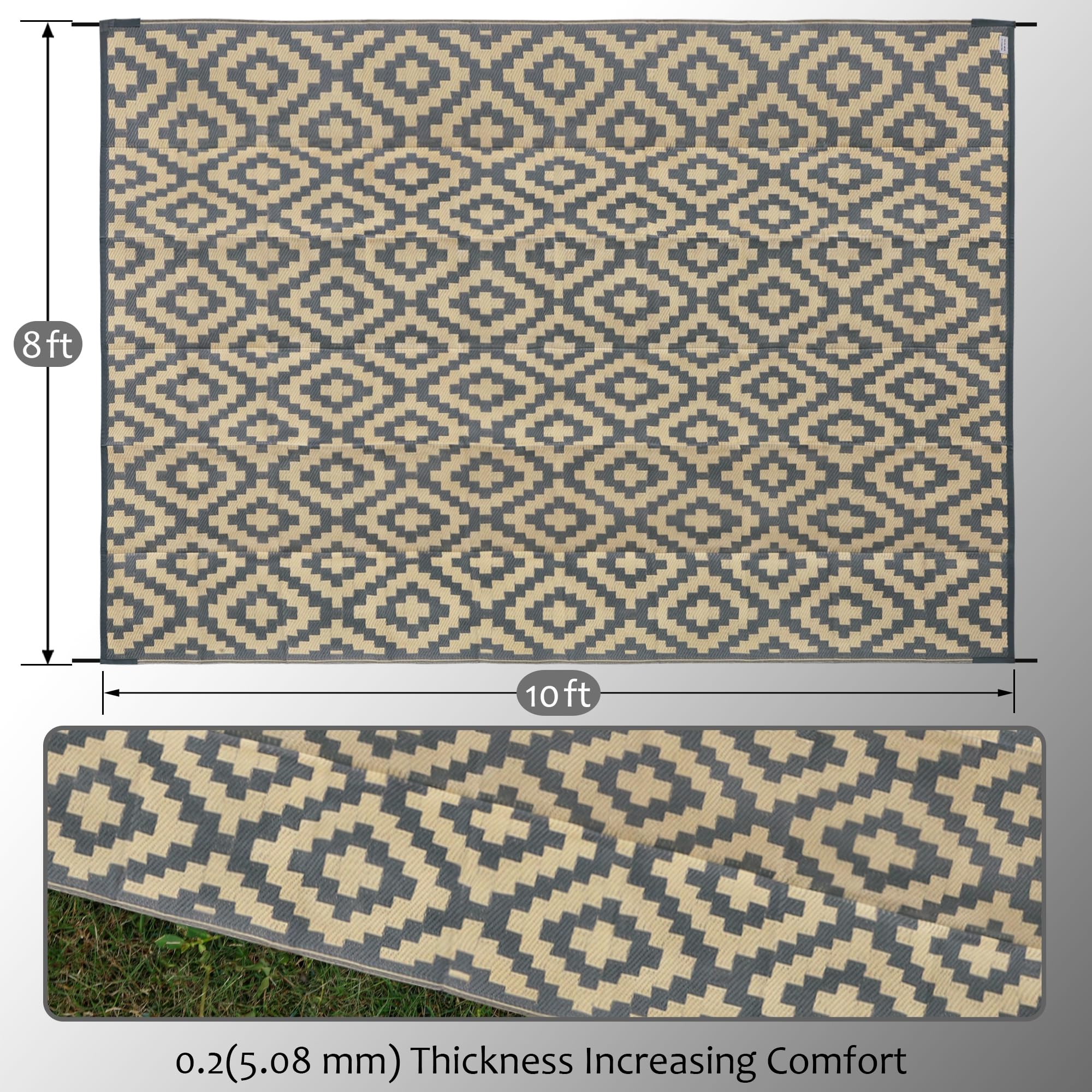 SAND MINE Tappetini reversibili, in plastica, stile moderno, grande tappetino e tappeto per esterni, camper, patio, cortile, terrazza, picnic, spiaggia, rimorchi, campeggio (20 x 3 m, reticolo grigio