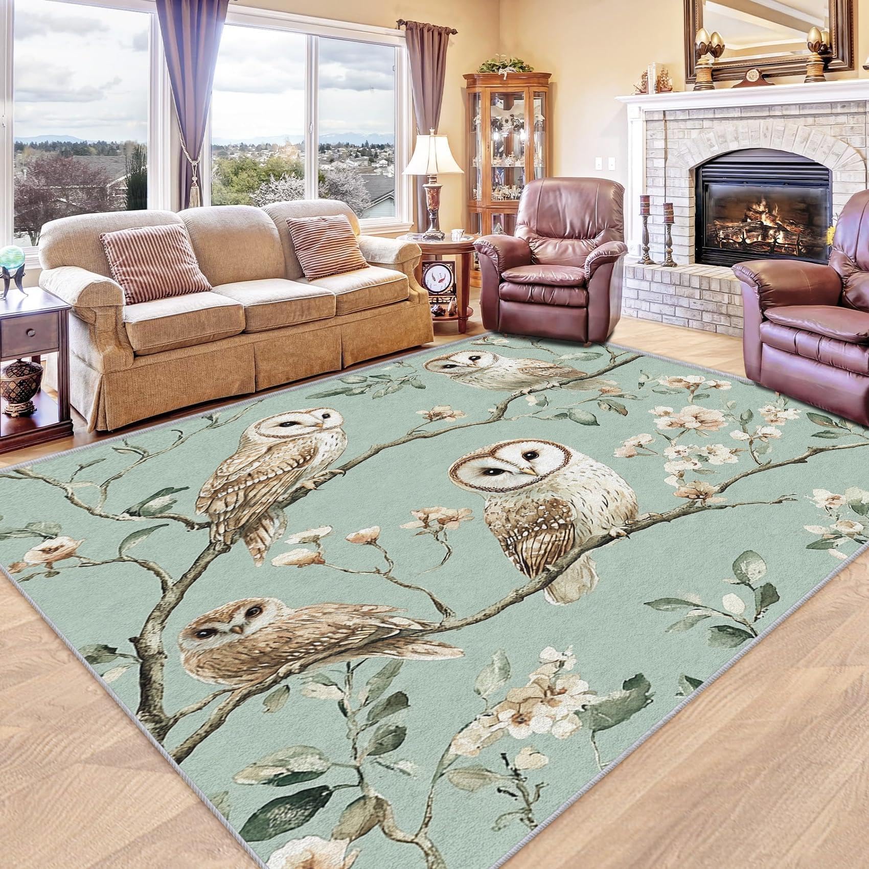 Tapis de salon botanique vert sauge grand tapis de chambre lavable à motif