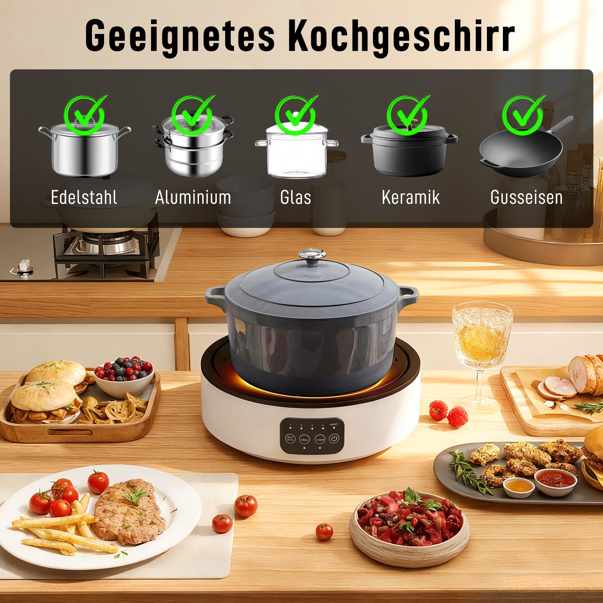 HOMCOM Infrarot-Einzelkochplatte Glaskeramikkochfeld mit Grillplatte, 2 Mode, LED-Touch-Steuerung 2000 W 36 cm Herdplatte mit 4 Heizstufen, Fettauffangschale, für Alle Töpfe - 4