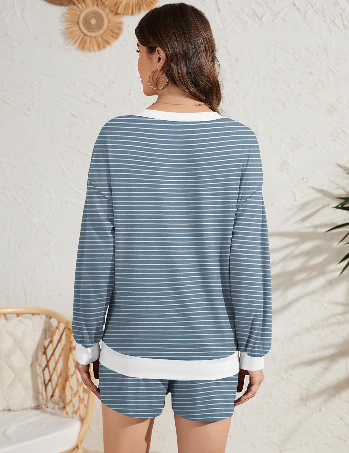 AKEWEI Womens Pajama Sets V Neck Long Sleeve Top and Shorts Cozy Loungewear with Pocket - Image 3